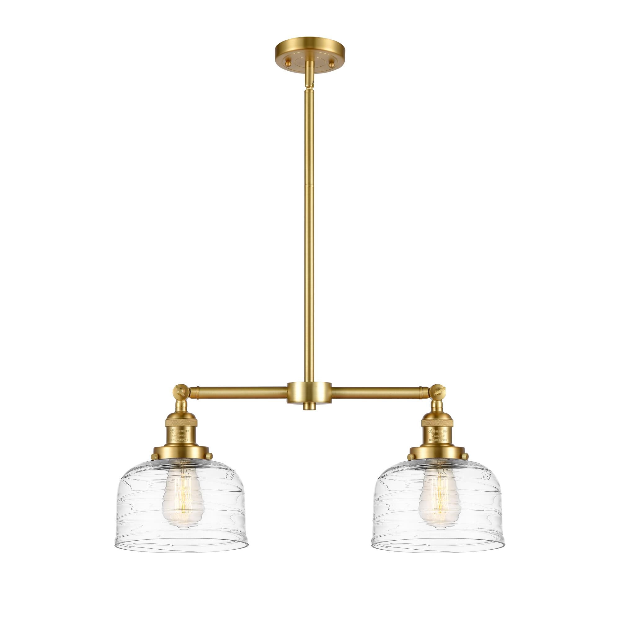 Shown in Satin Gold finish and Clear Deco Swirl Large Bell glass