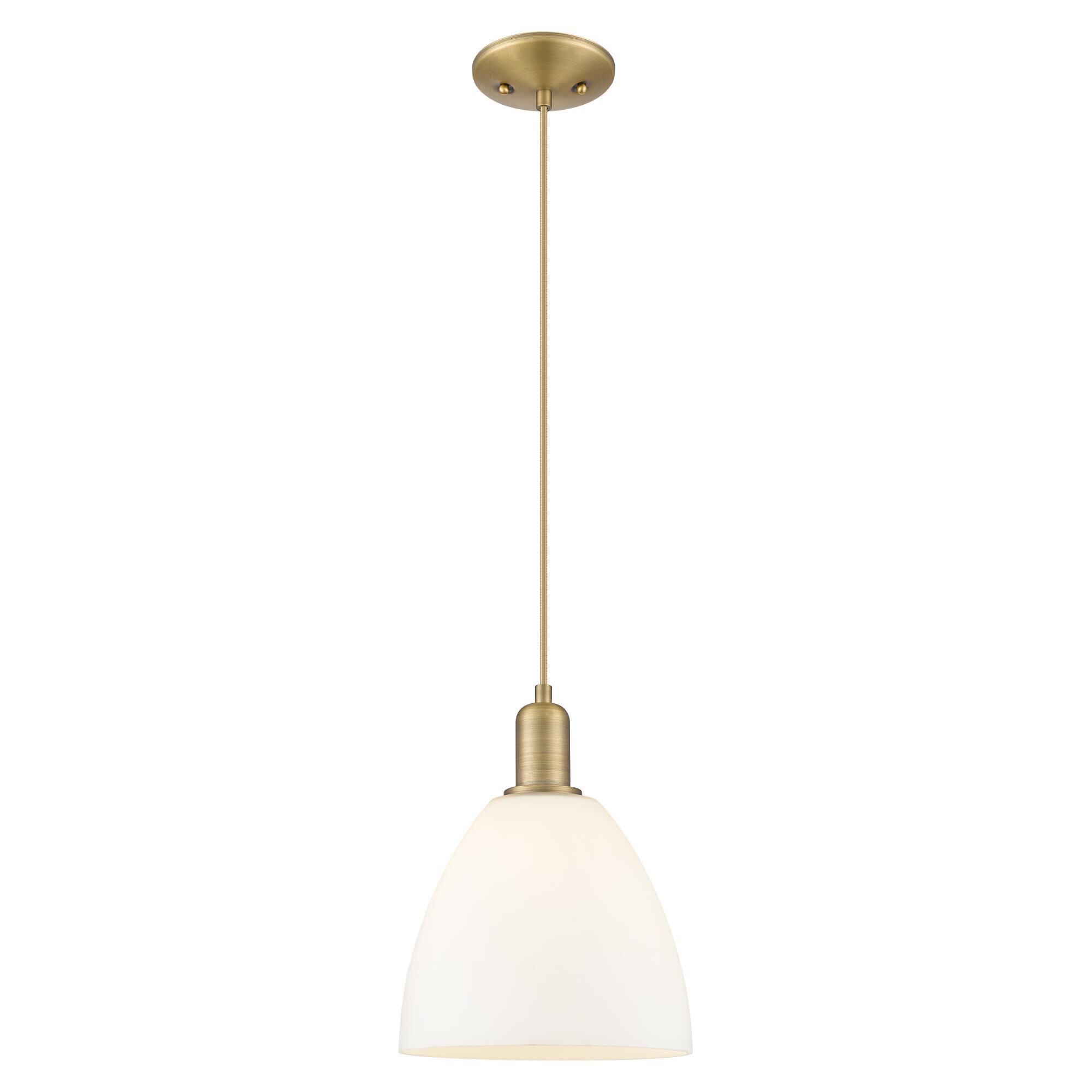 Shown in Brushed Brass finish and Matte White glass