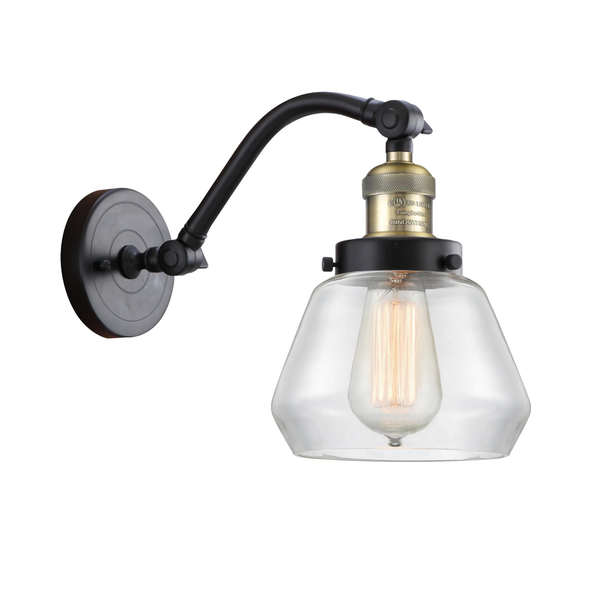 Shown in Black Antique Brass finish and Clear Fulton glass