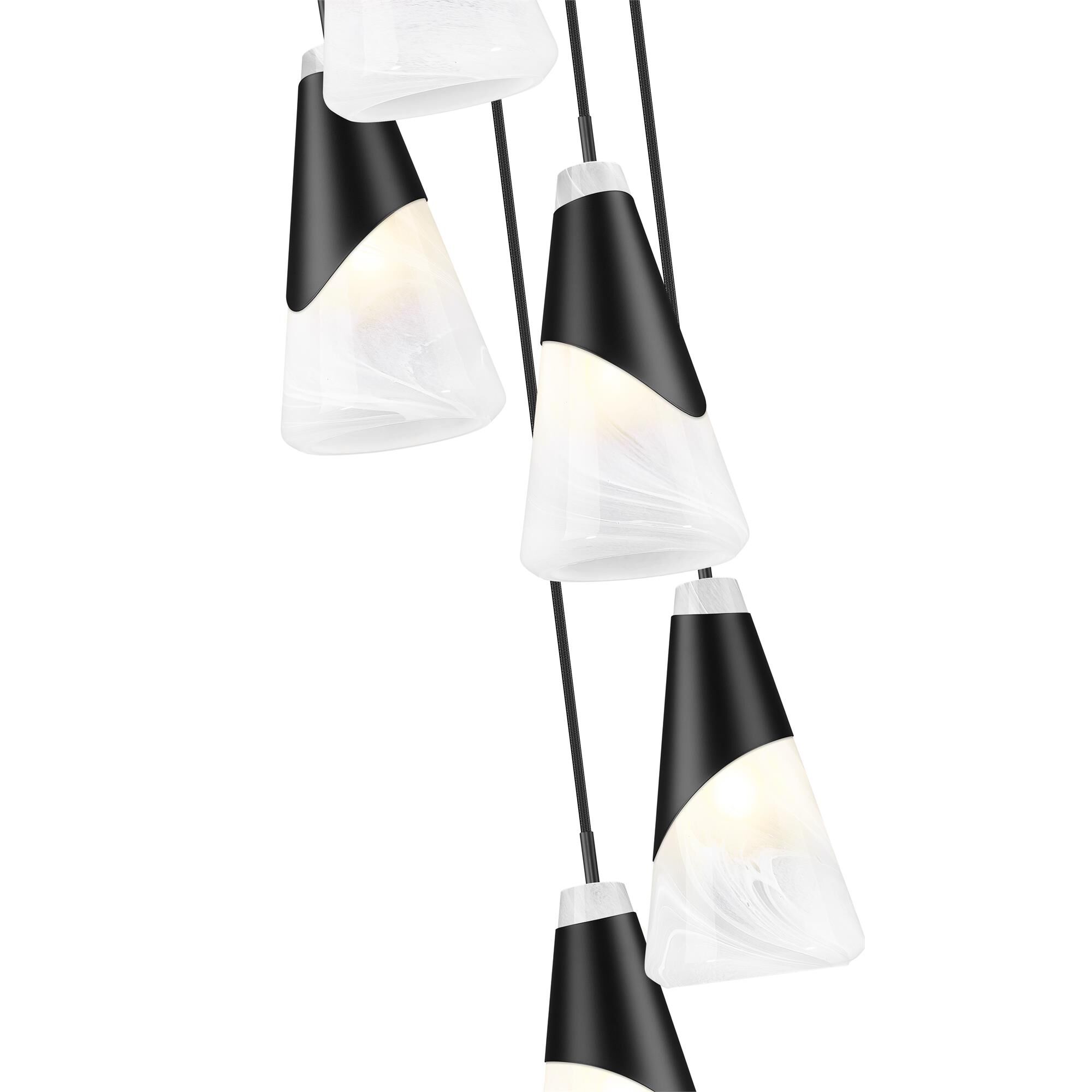 Shown in Matte Black finish and White Swirl glass and White Swirl shade