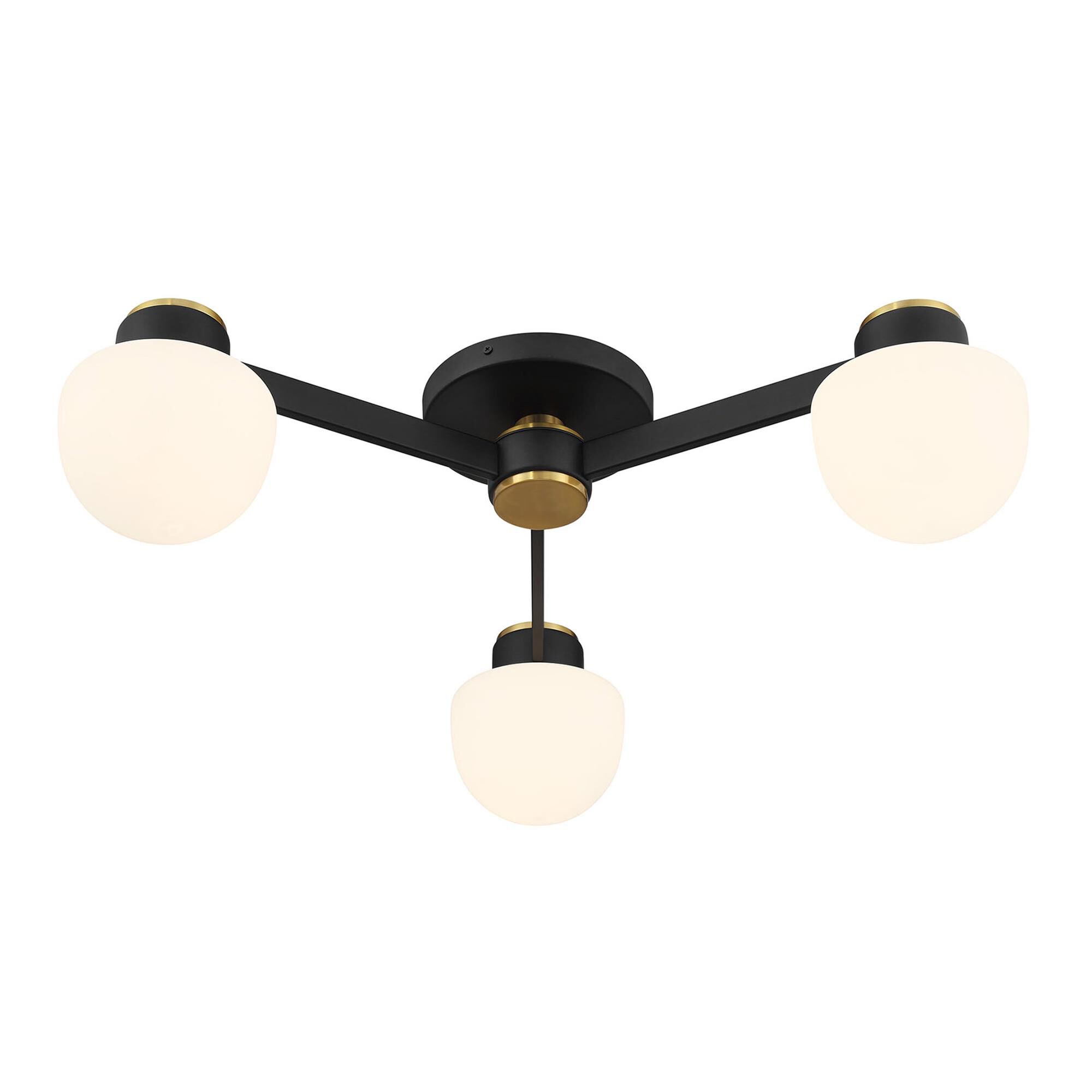 Shown in Matte Black and Natural Brass finish and White Opal glass