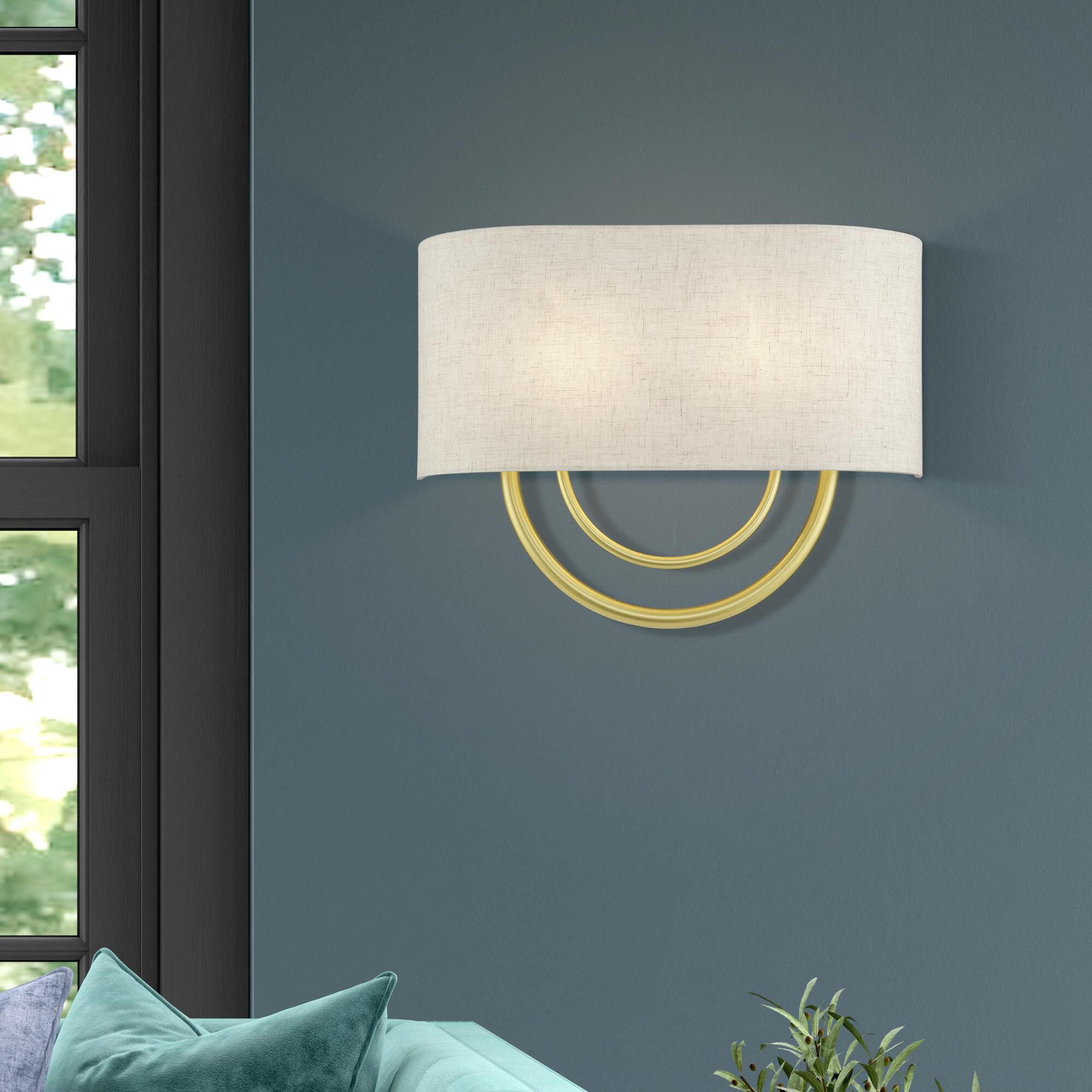 Shown in Soft Gold finish and Hand Crafted Oatmeal Color Fabric Hardback with White Fabric Inside shade