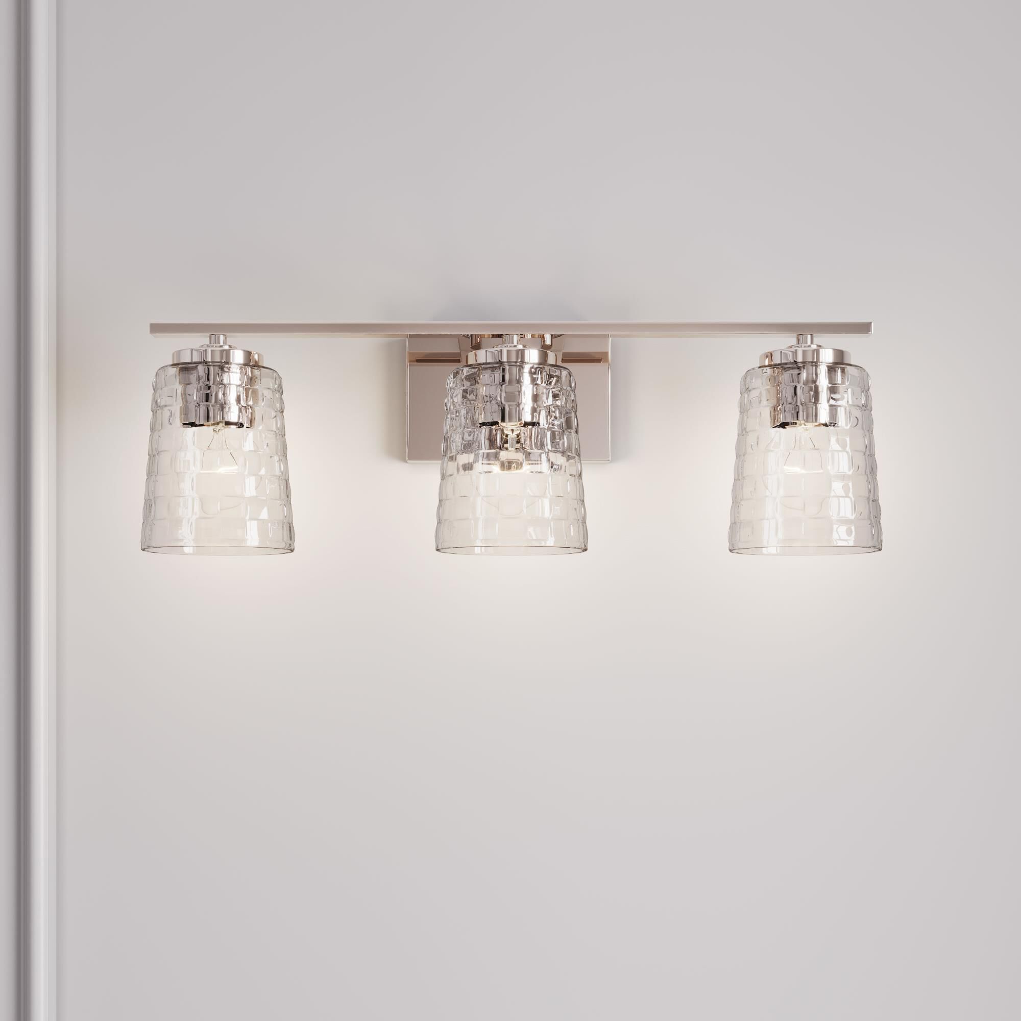 Shown in Polished Nickel finish and Clear Woven glass