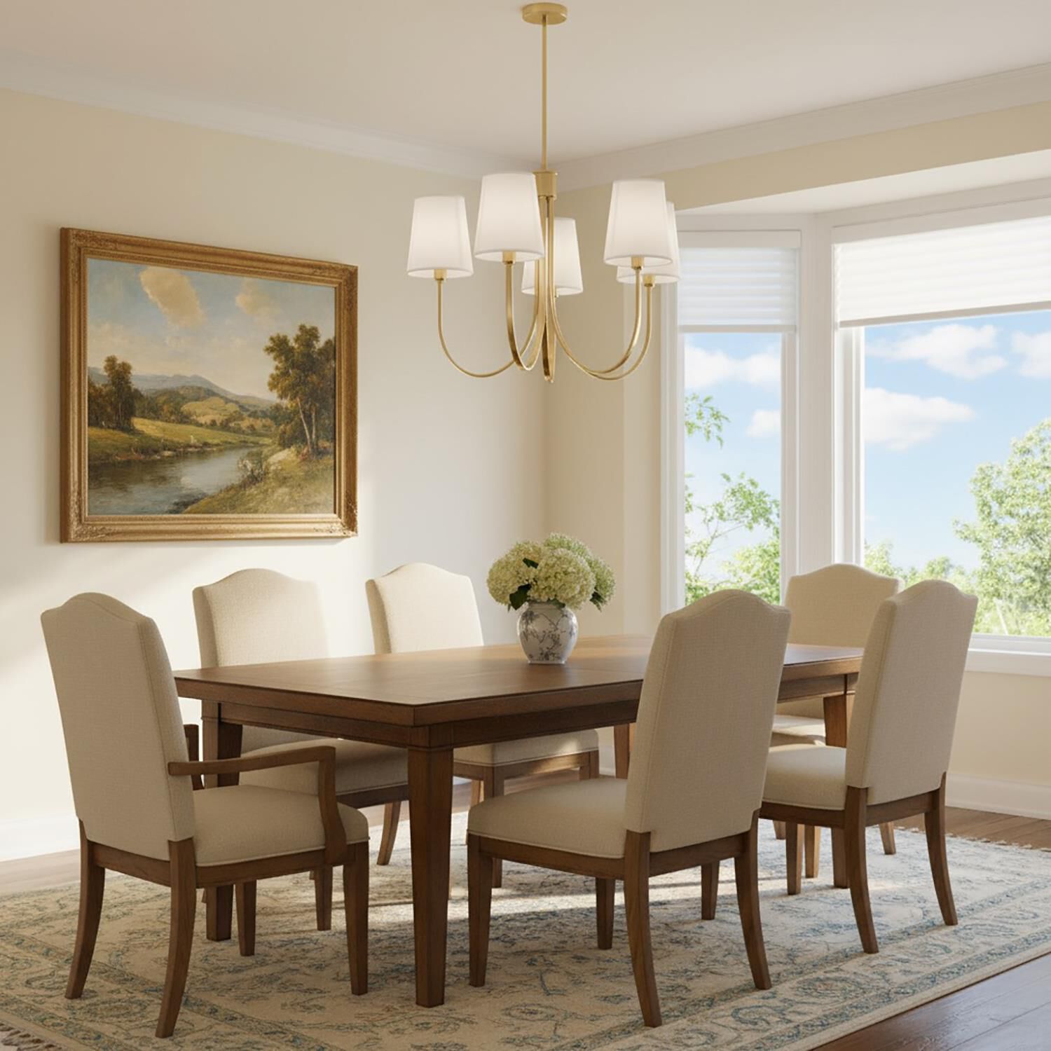 Shown in Brushed Gold finish and White Linen shade