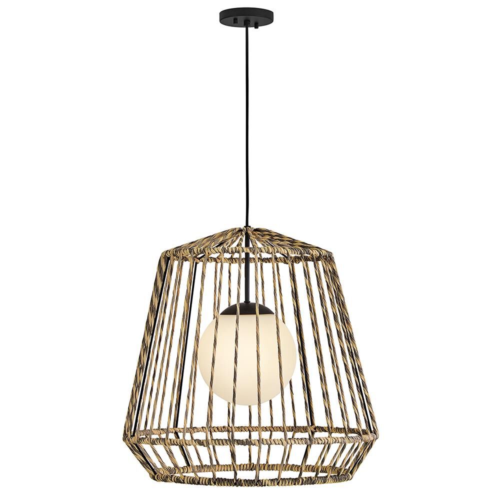 Shown in Black finish and Etched Opal glass and All Weather Rattan shade