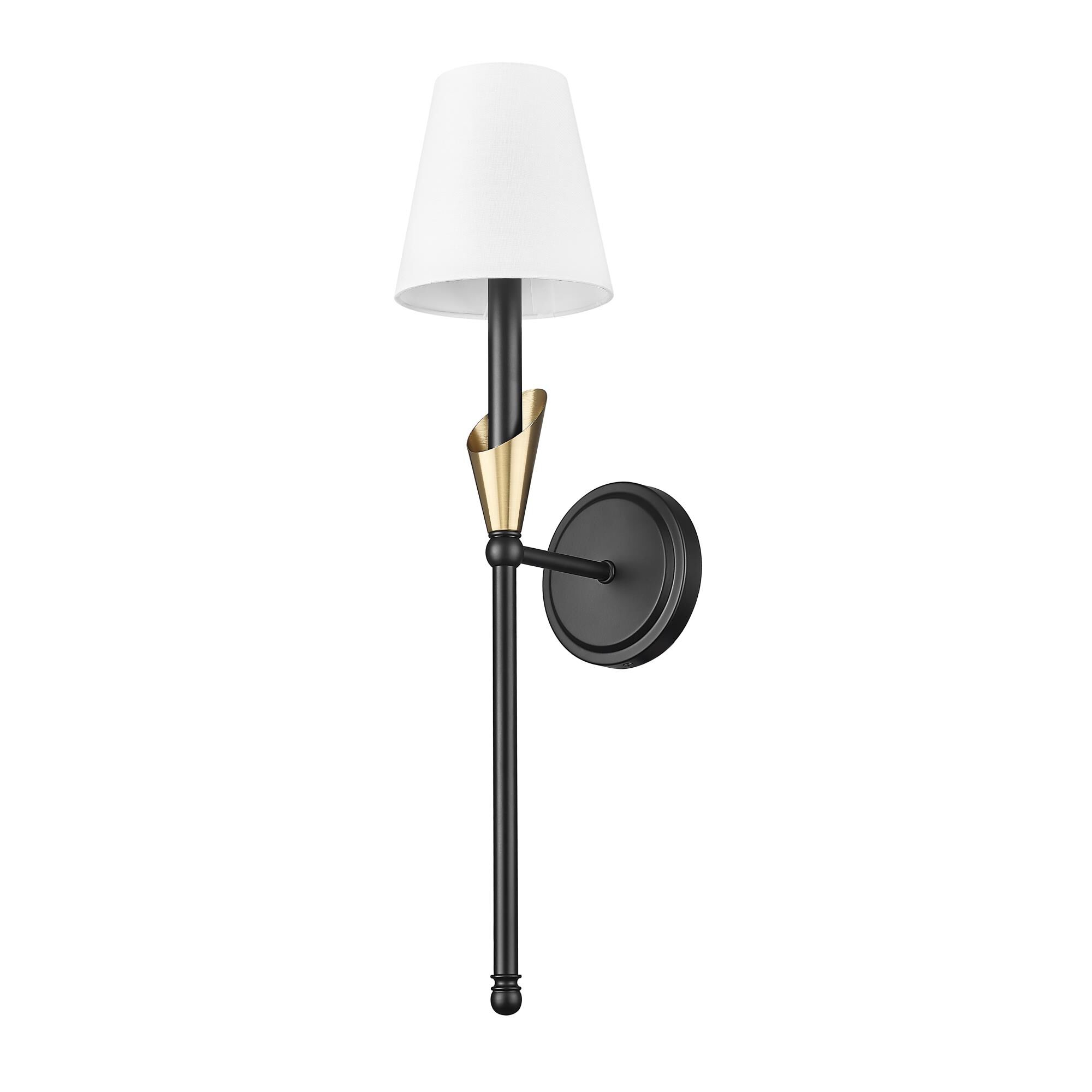 Shown in Matte Black And Modern Gold finish and White glass and White shade