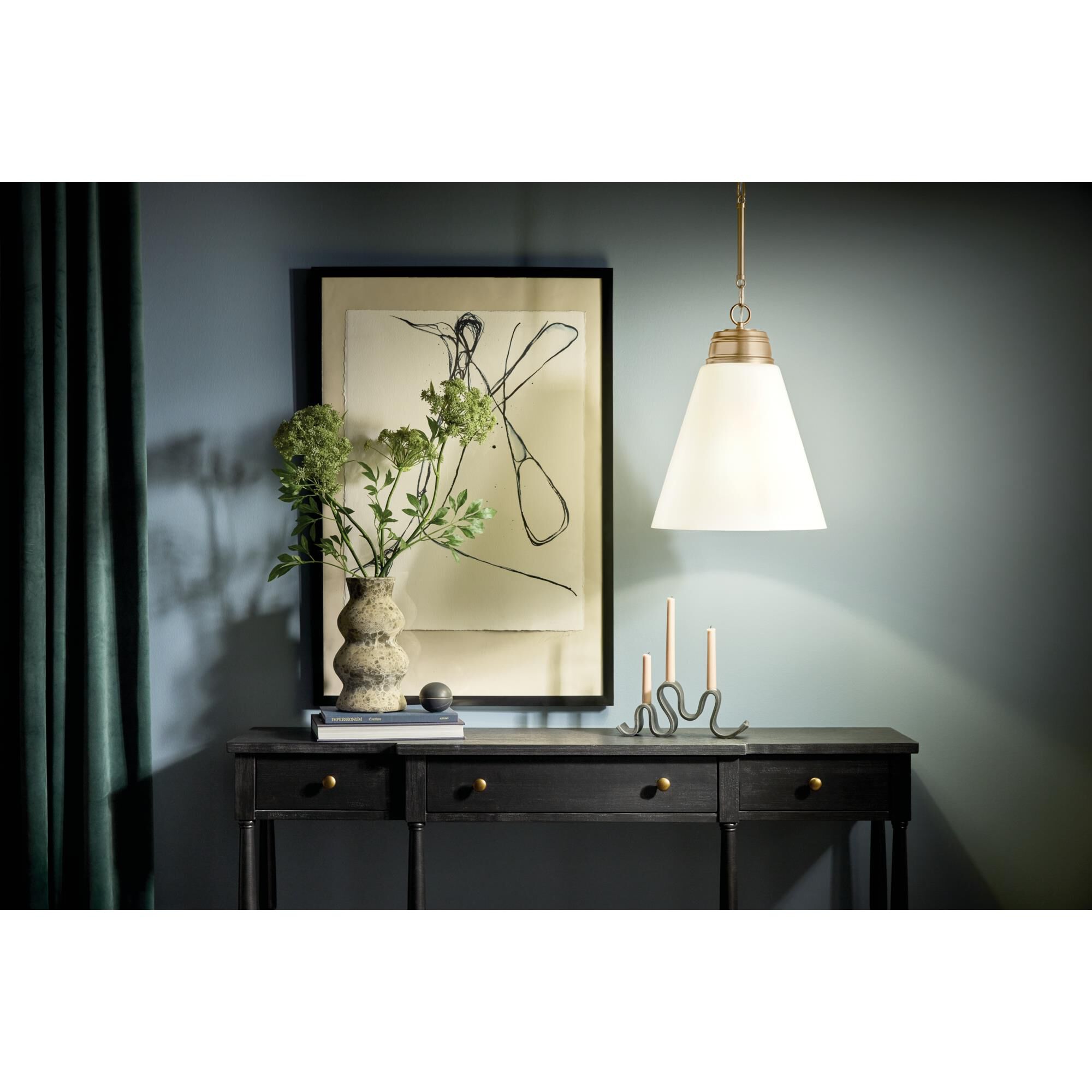 Shown in Champagne Bronze finish and Opal glass