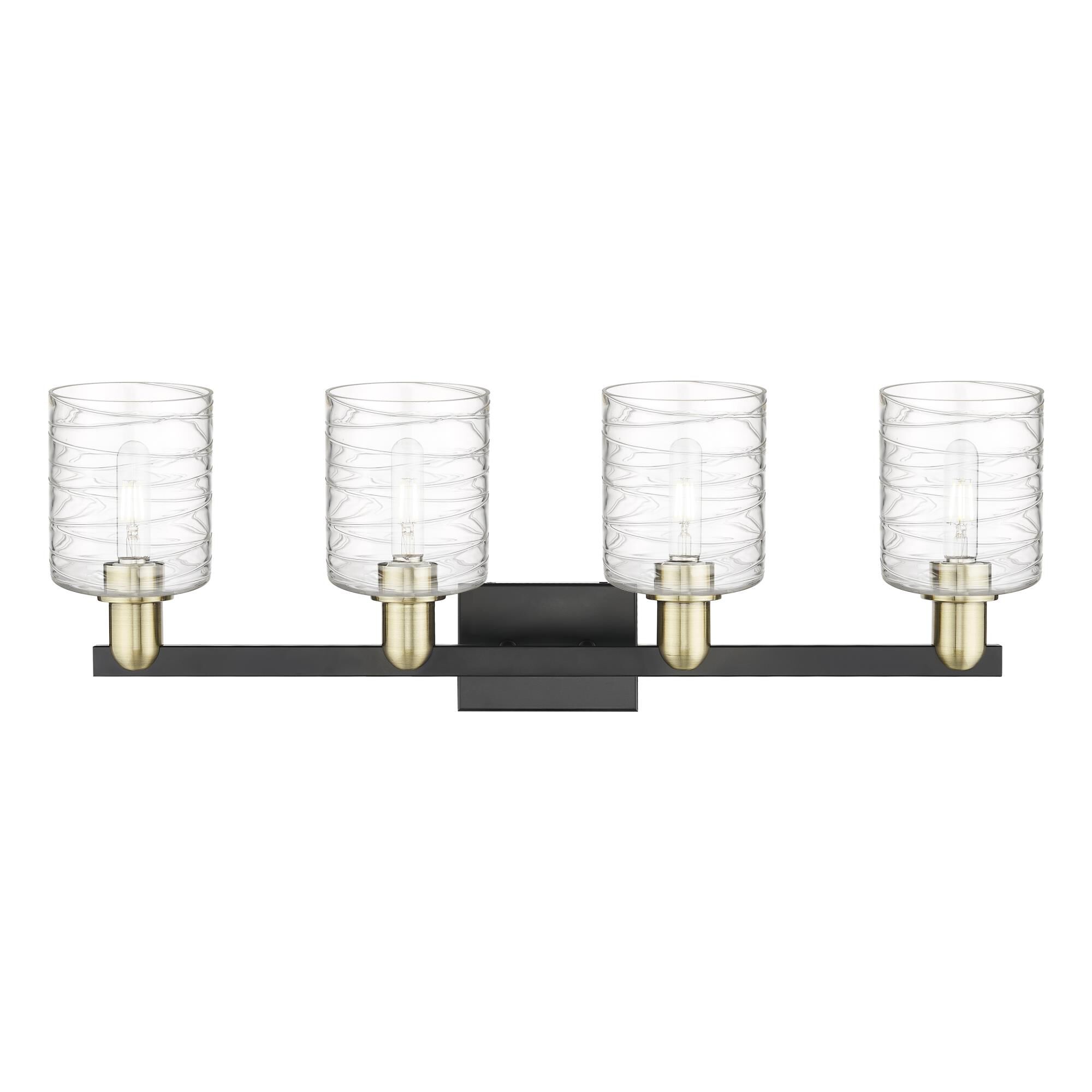 Shown in Black Antique Brass finish and Deco Swirl glass