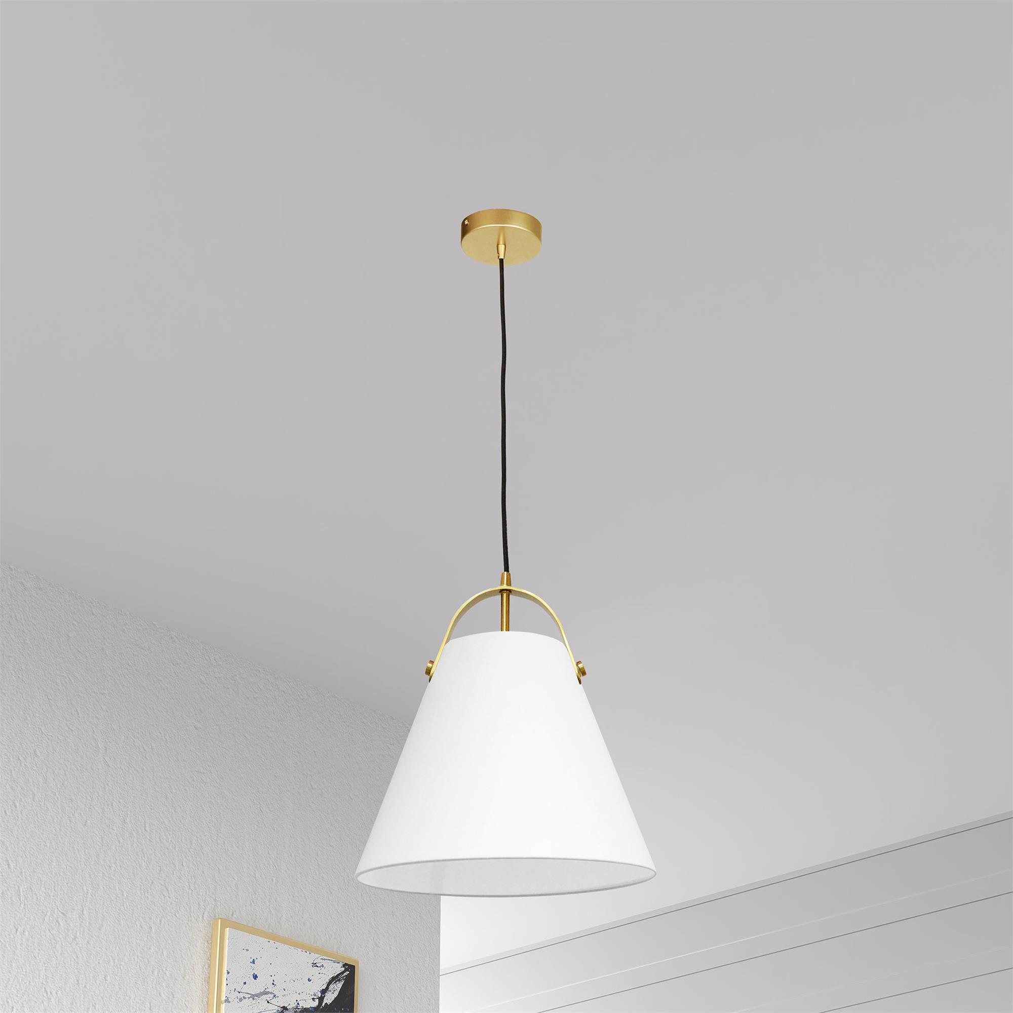 Shown in Aged Brass and White finish and White Fabric Cone shade