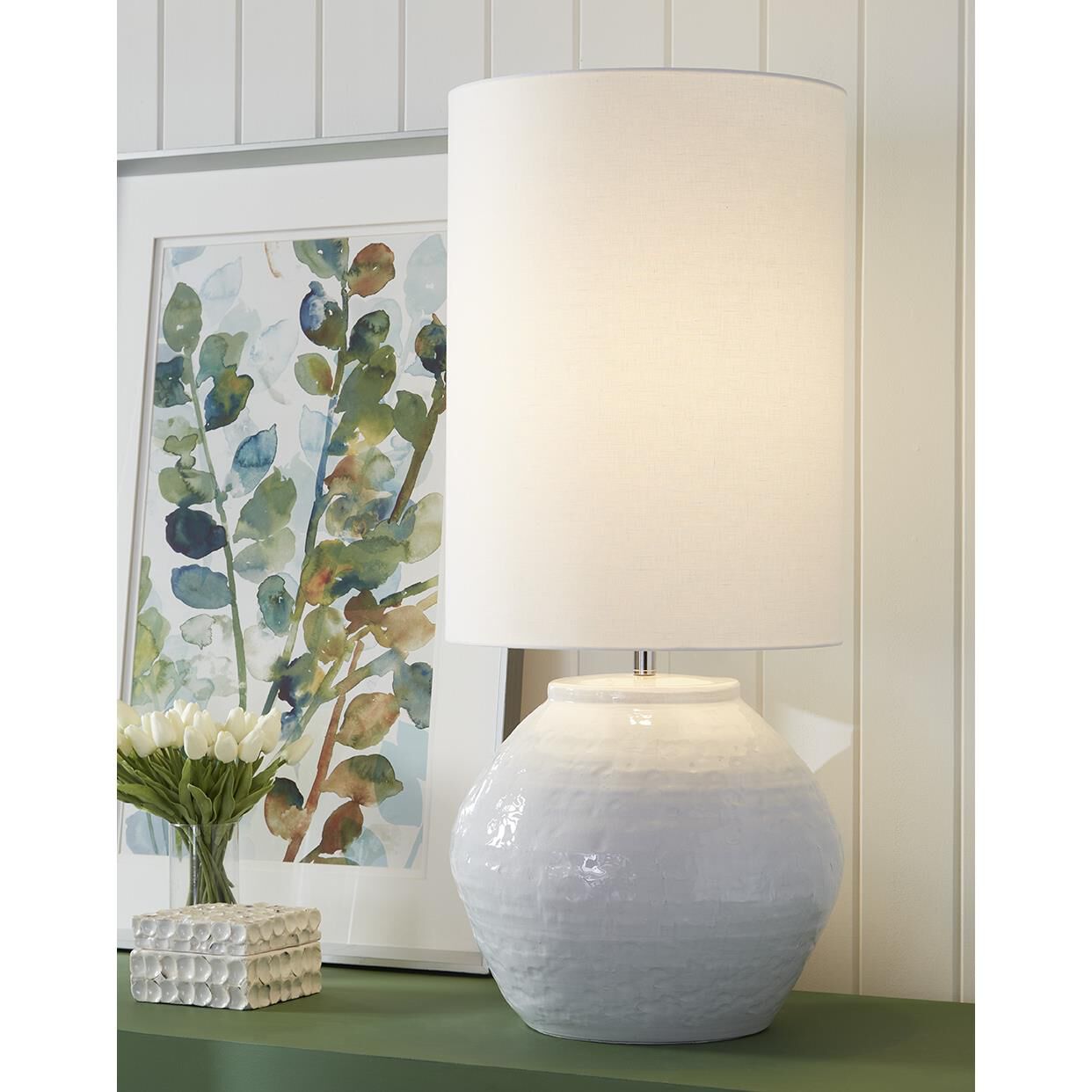 Shown in Polished Nickel finish and Seasalt glass and Seasalt Linen Drum shade
