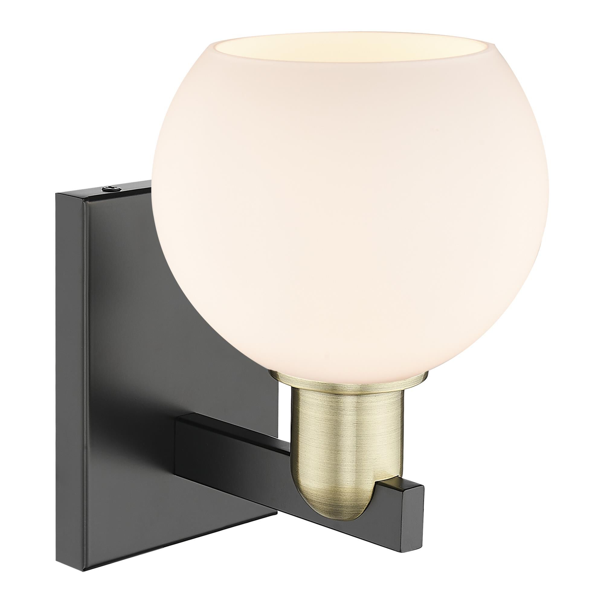 Shown in Black Antique Brass finish and Matte White glass