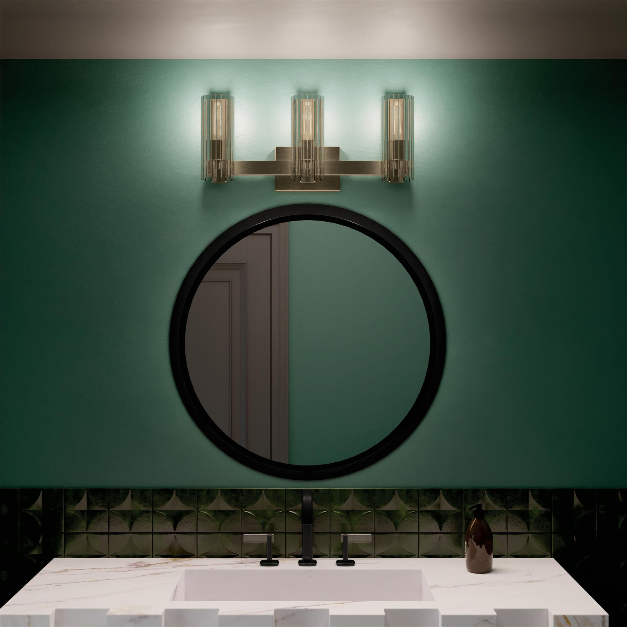 Shown in Champagne Bronze finish and Clear Fluted glass