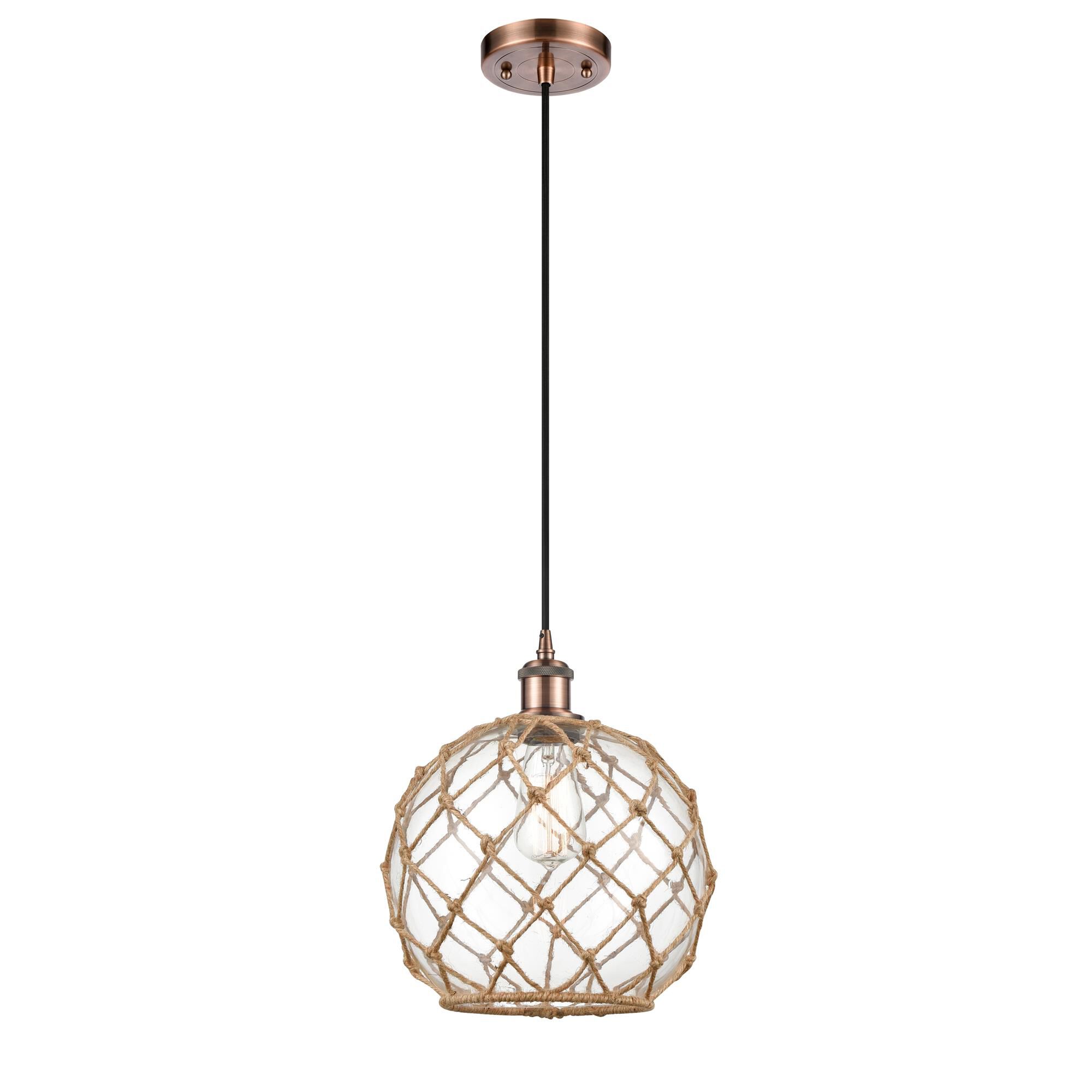 Shown in Antique Copper finish and Clear Large Farmhousewith Brown Rope glass