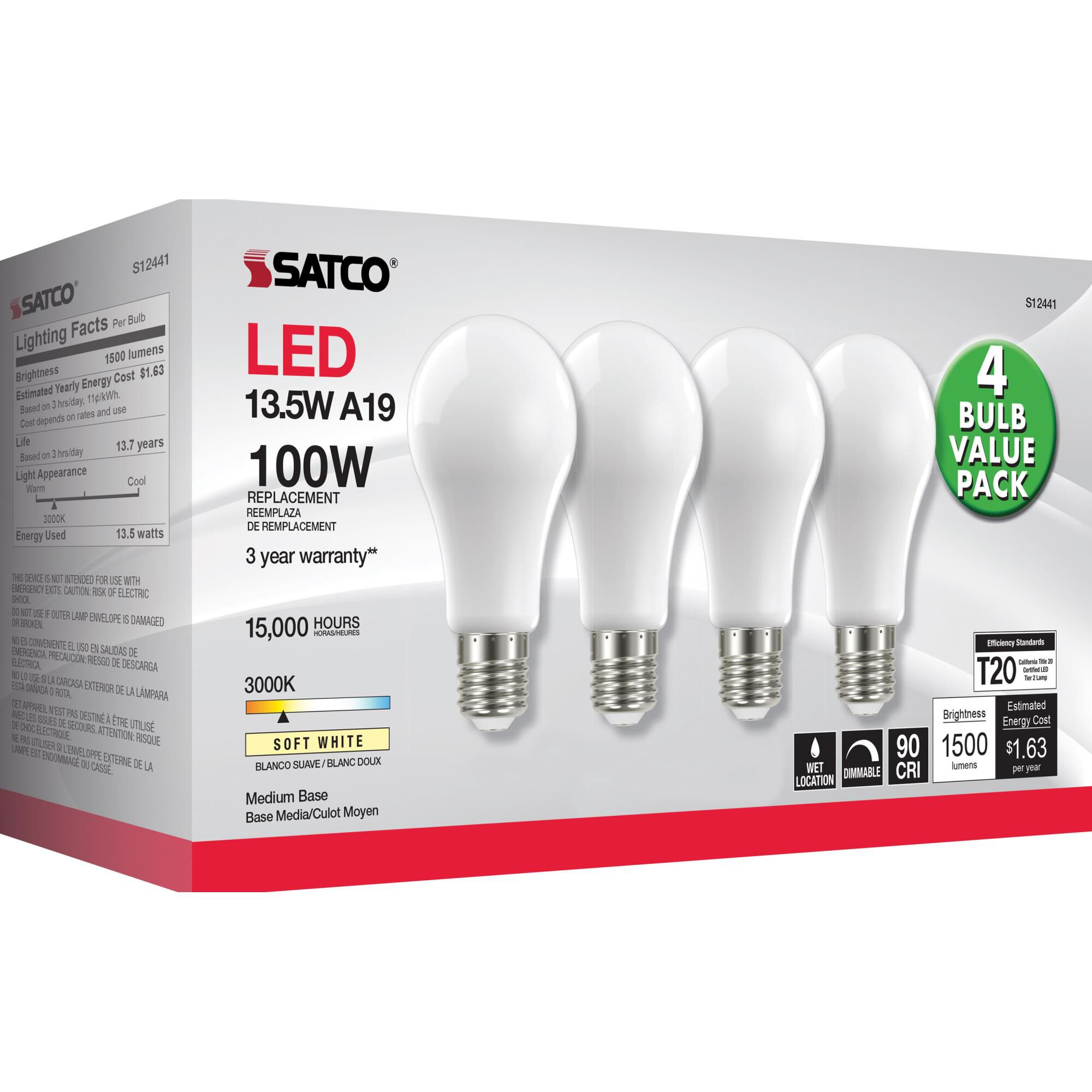 Dimmable 13.5 Watt 3000K A19 LED Light Bulb by Satco