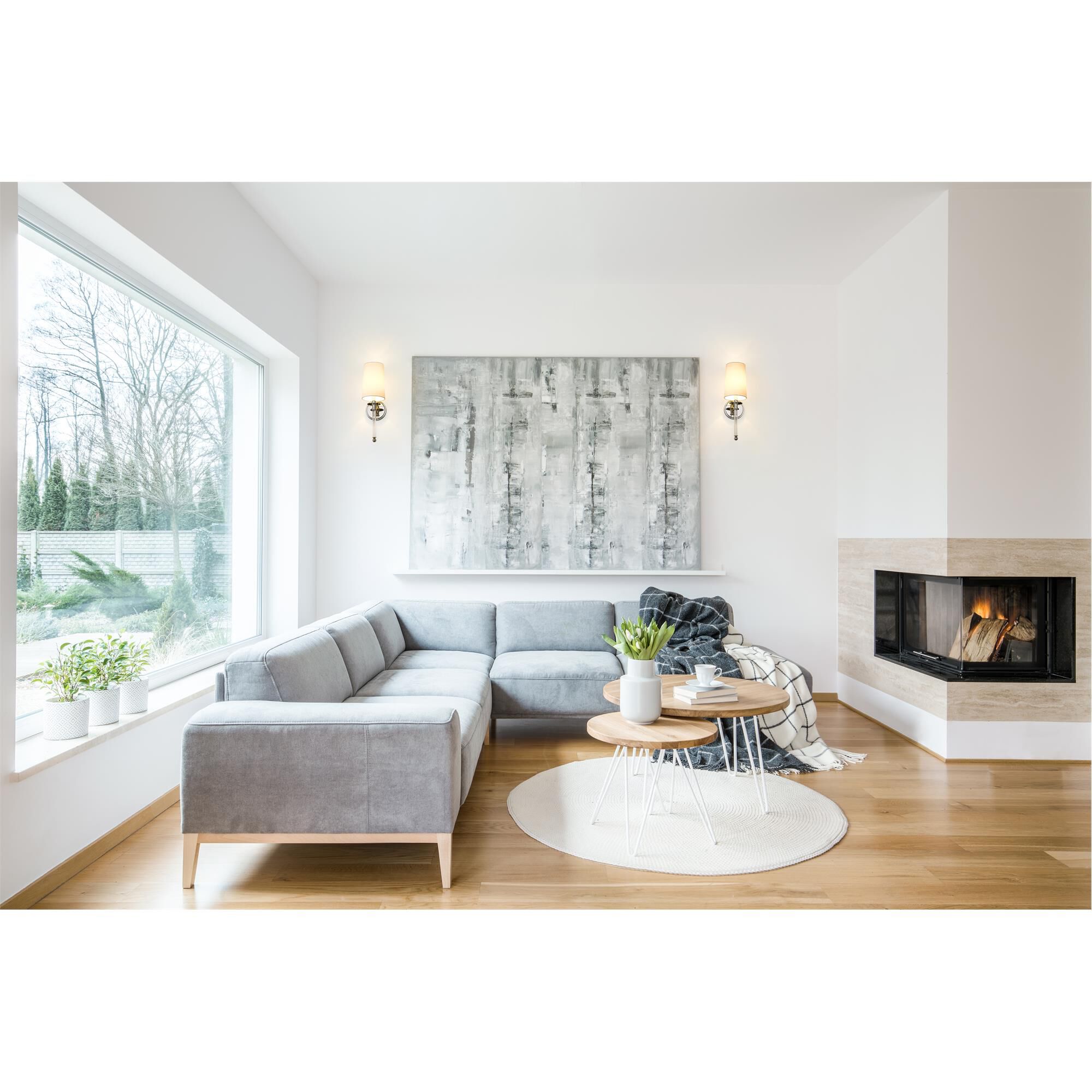 Shown in Polished Nickel finish and Fabric glass and Fabric shade
