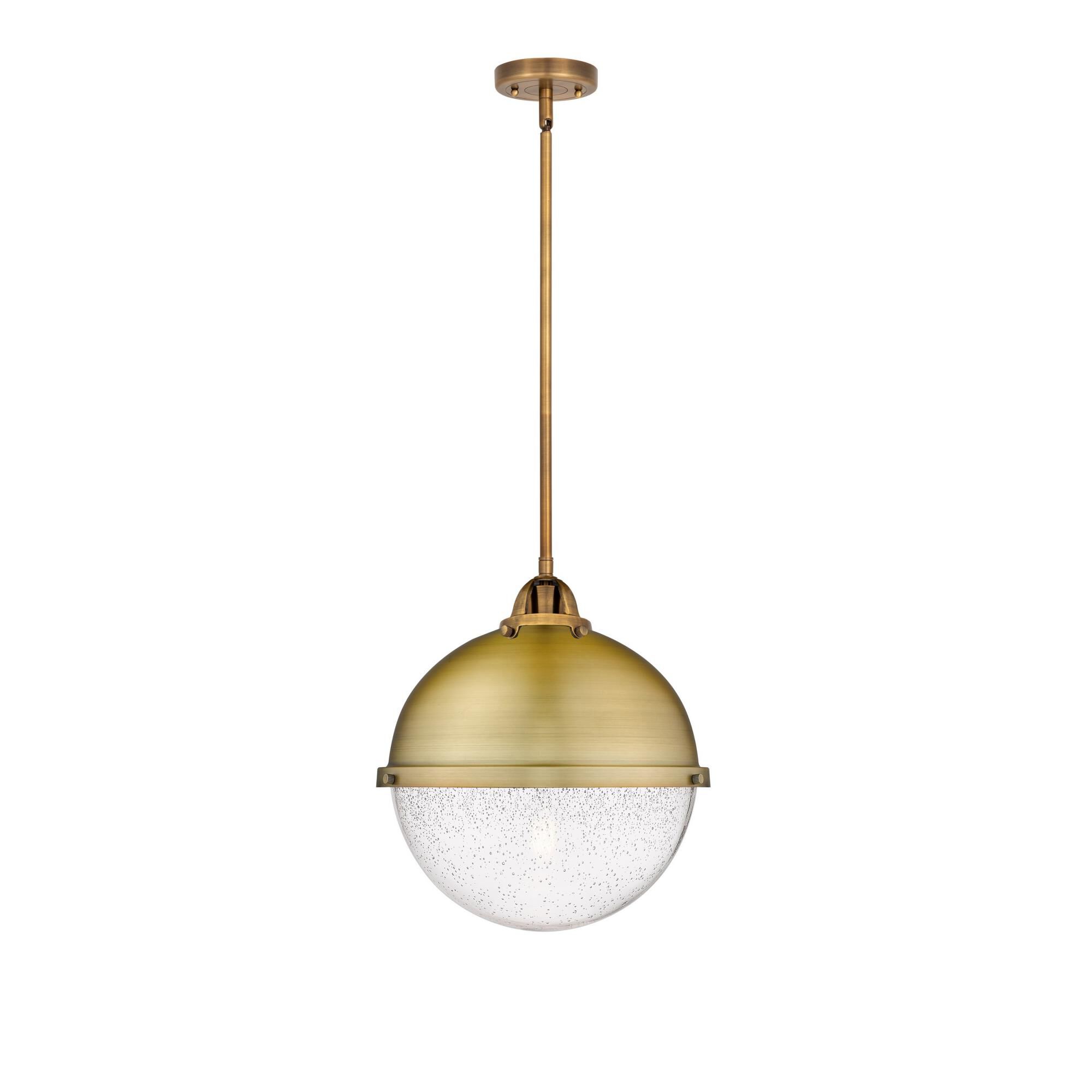 Shown in Brushed Brass finish and Seedy Globe glass and No Shade shade