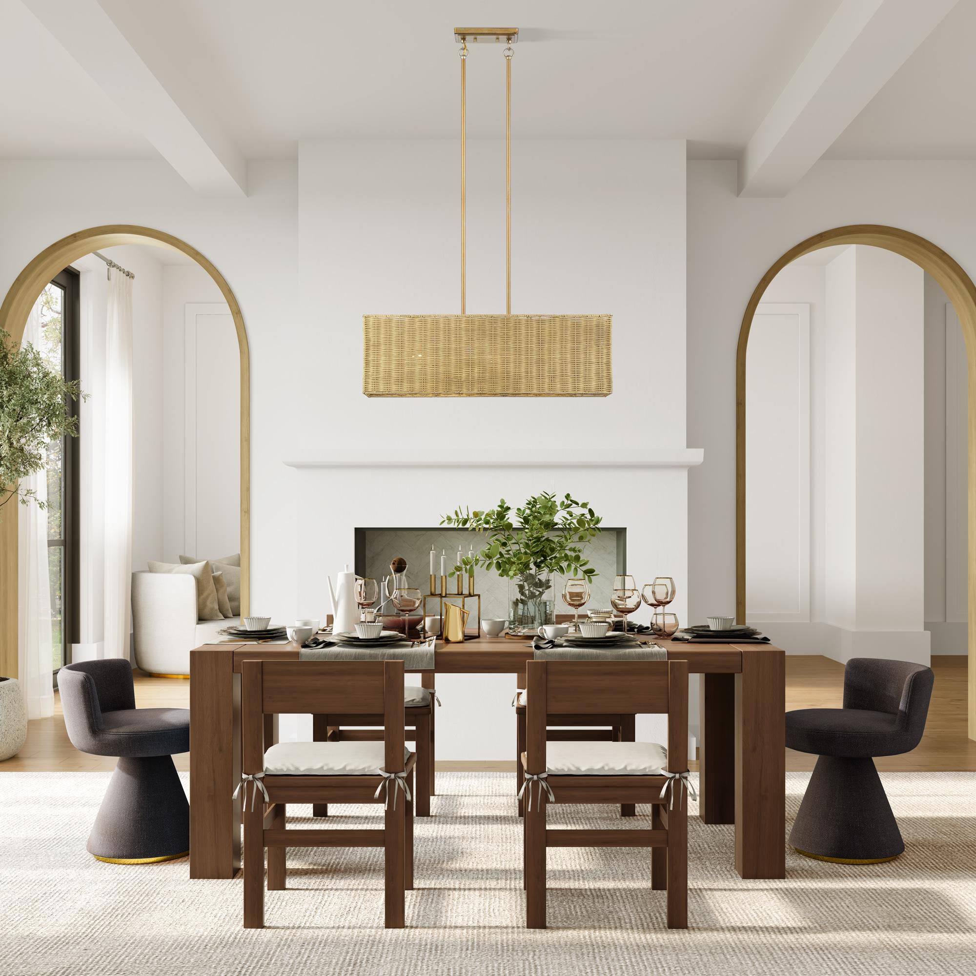 Shown in Antique Gold Leaf finish and Hand-Woven Rustic Walnut Color Rattan shade