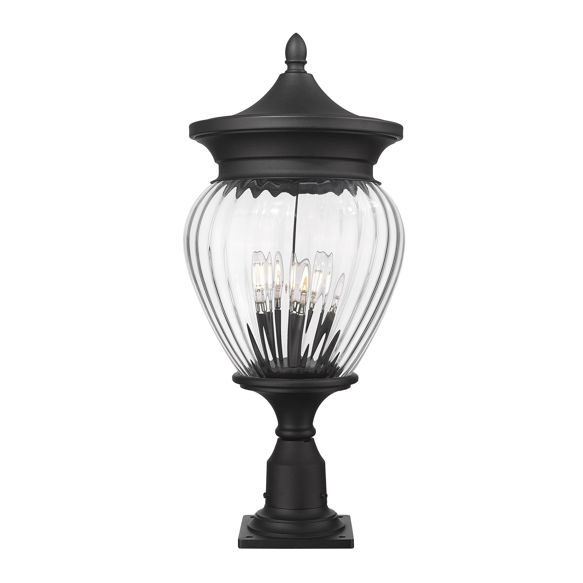 Shown in Black finish and Clear Ribbed glass and Clear Ribbed shade