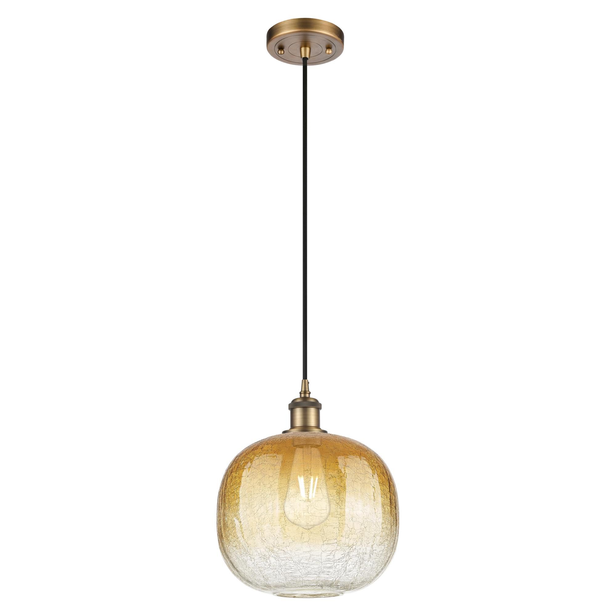 Shown in Brushed Brass finish and Amber glass