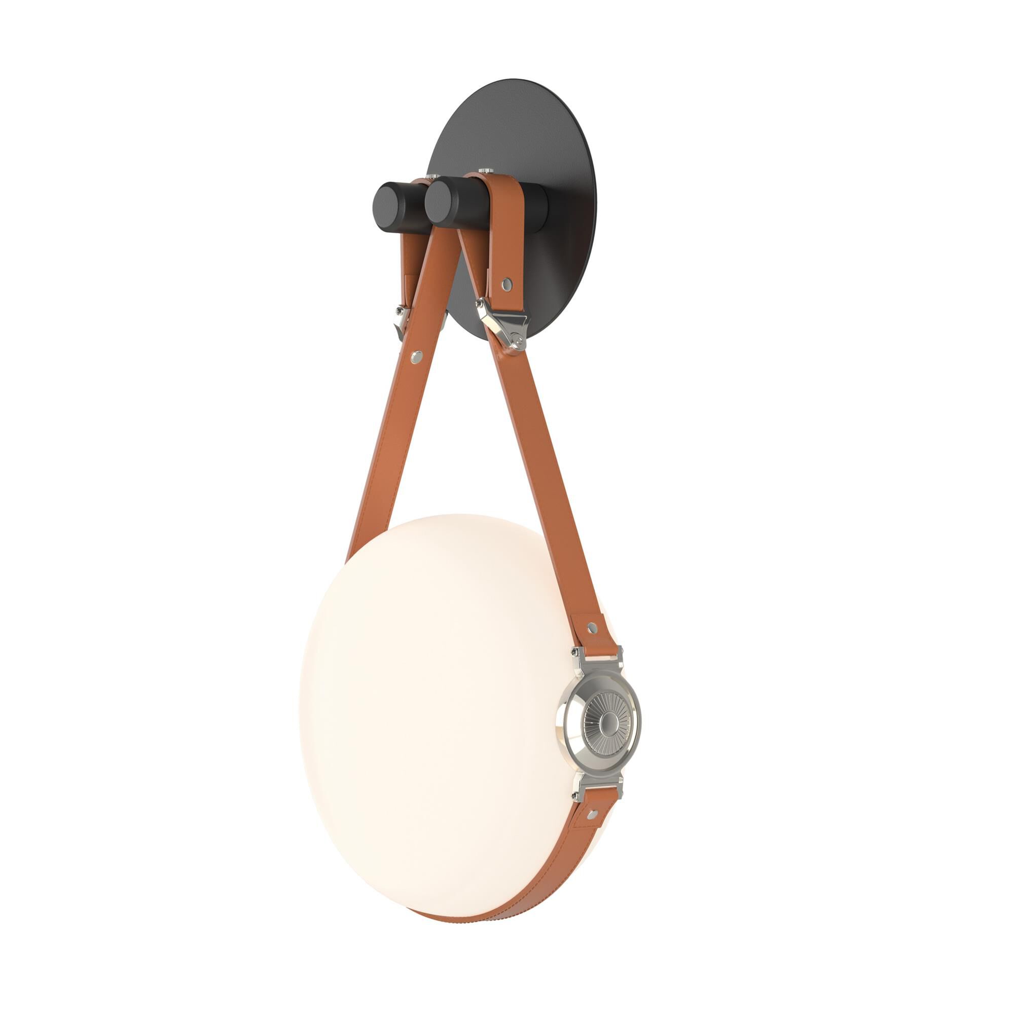 Shown in Black with Polished Nickel finish and Opal glass and Leather Chestnut With Plain Disk accent