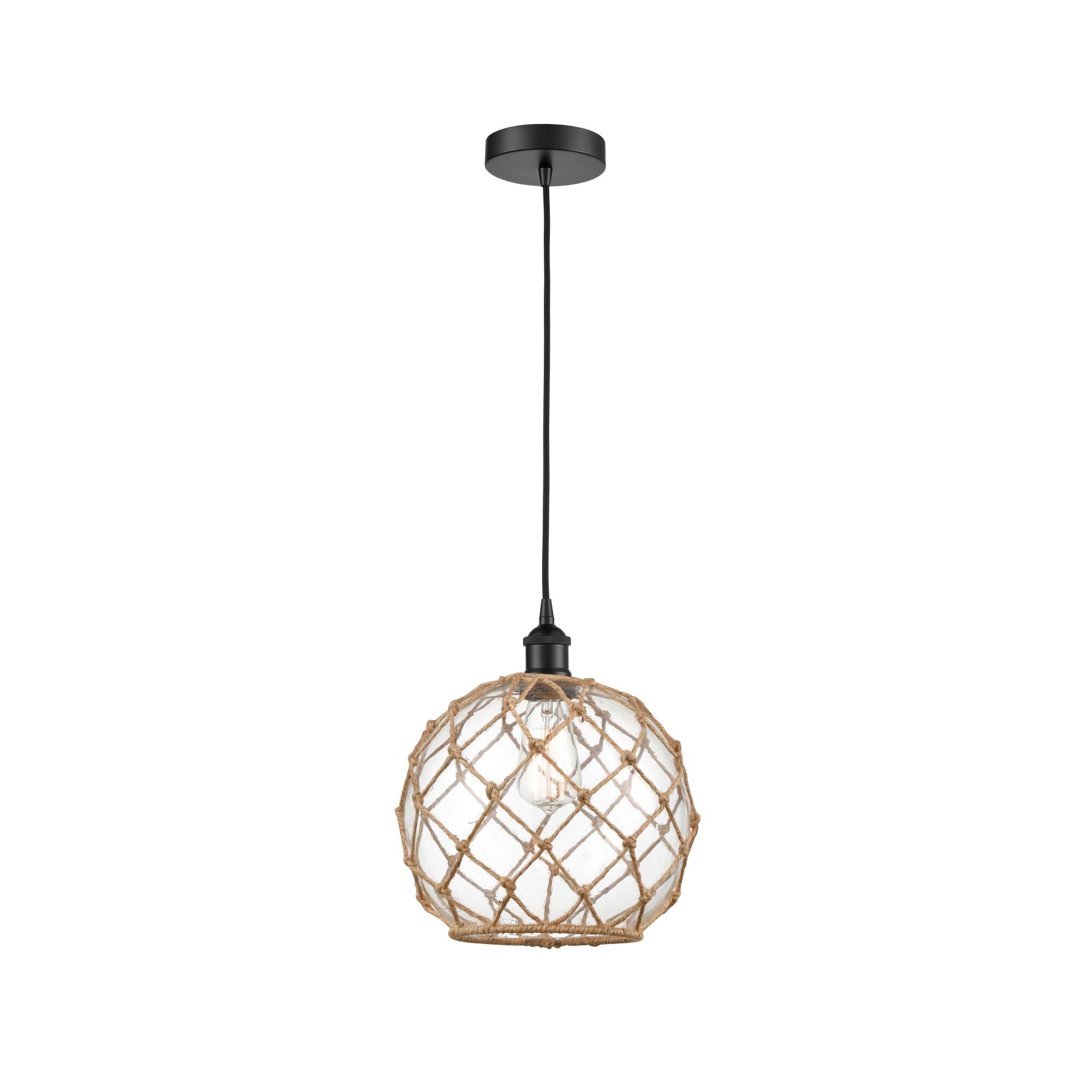 Shown in Matte Black finish and Clear Large Farmhouse With Brown Rope glass
