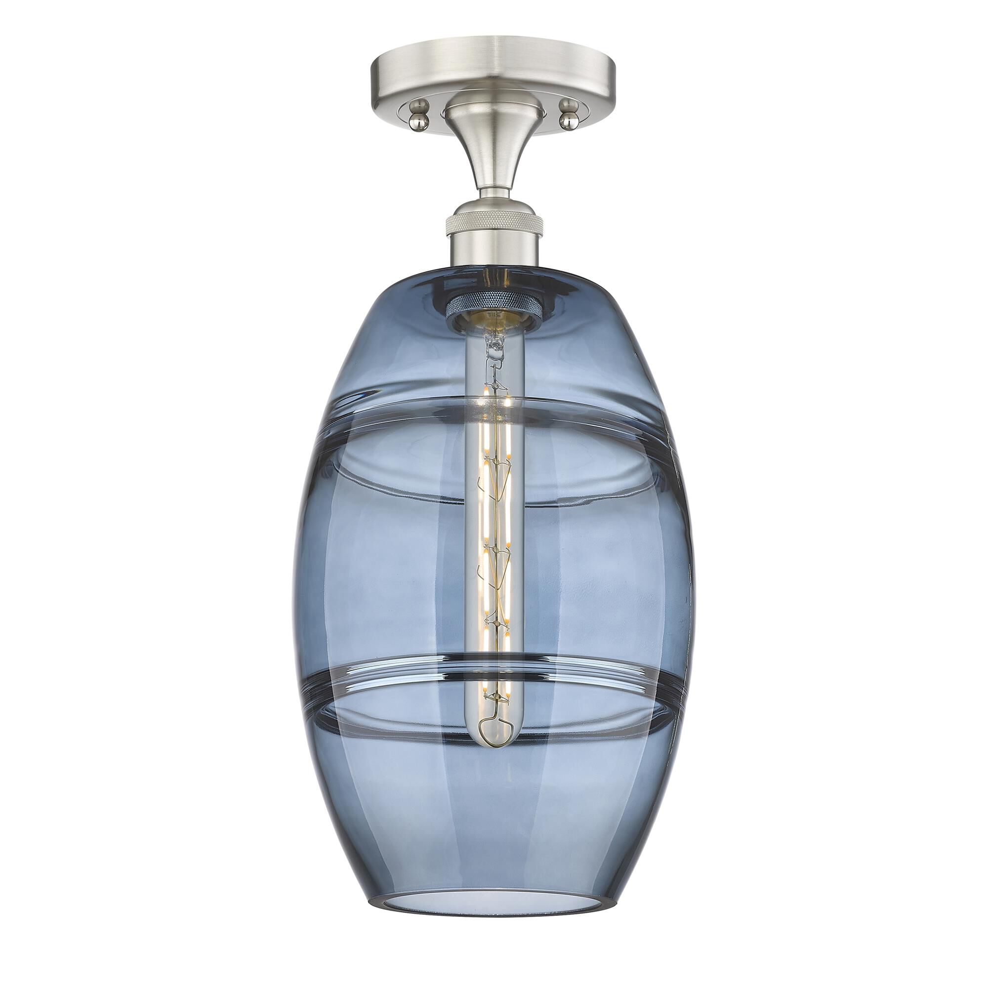 Shown in Brushed Satin Nickel finish and Princess Blue glass