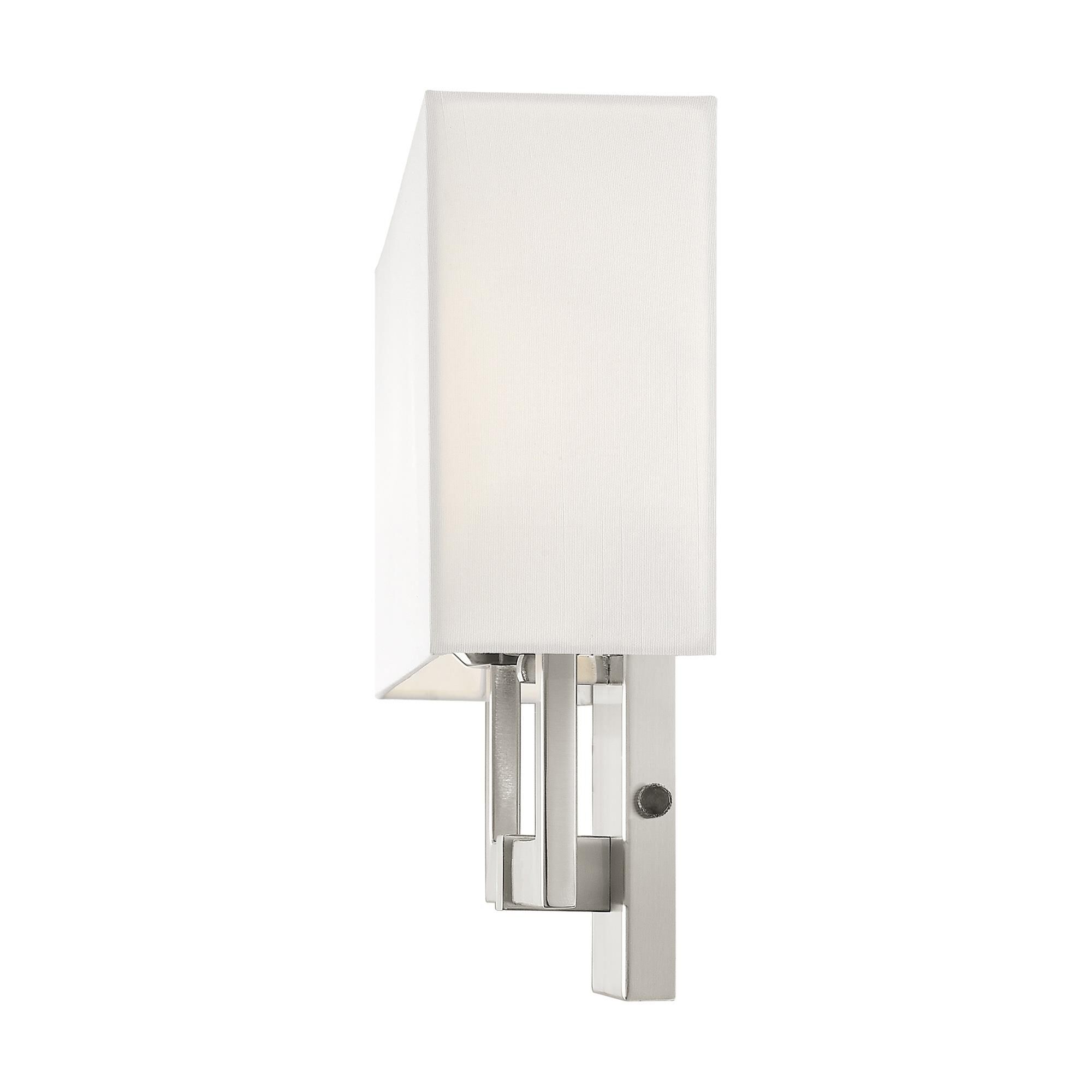 Shown in Brushed Nickel finish and Hand Crafted Off White Fabric Hardback shade