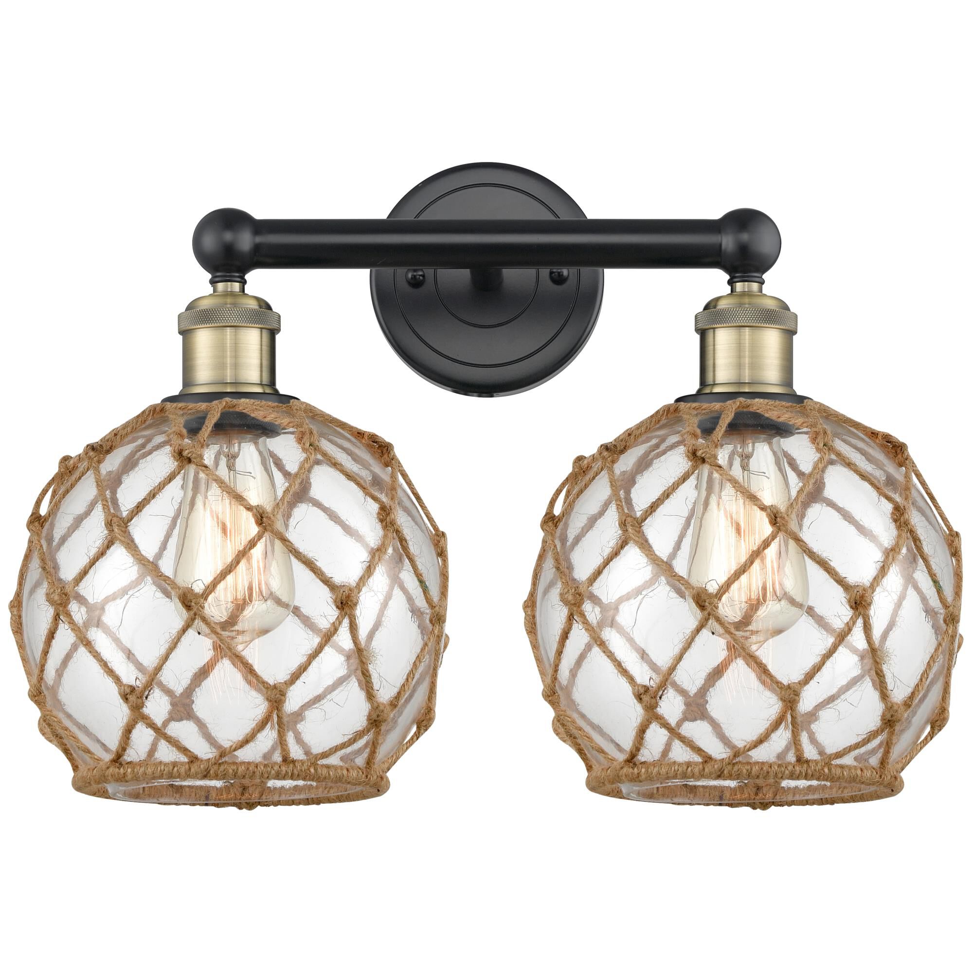 Shown in Black Antique Brass finish and Clear with Brown Rope glass