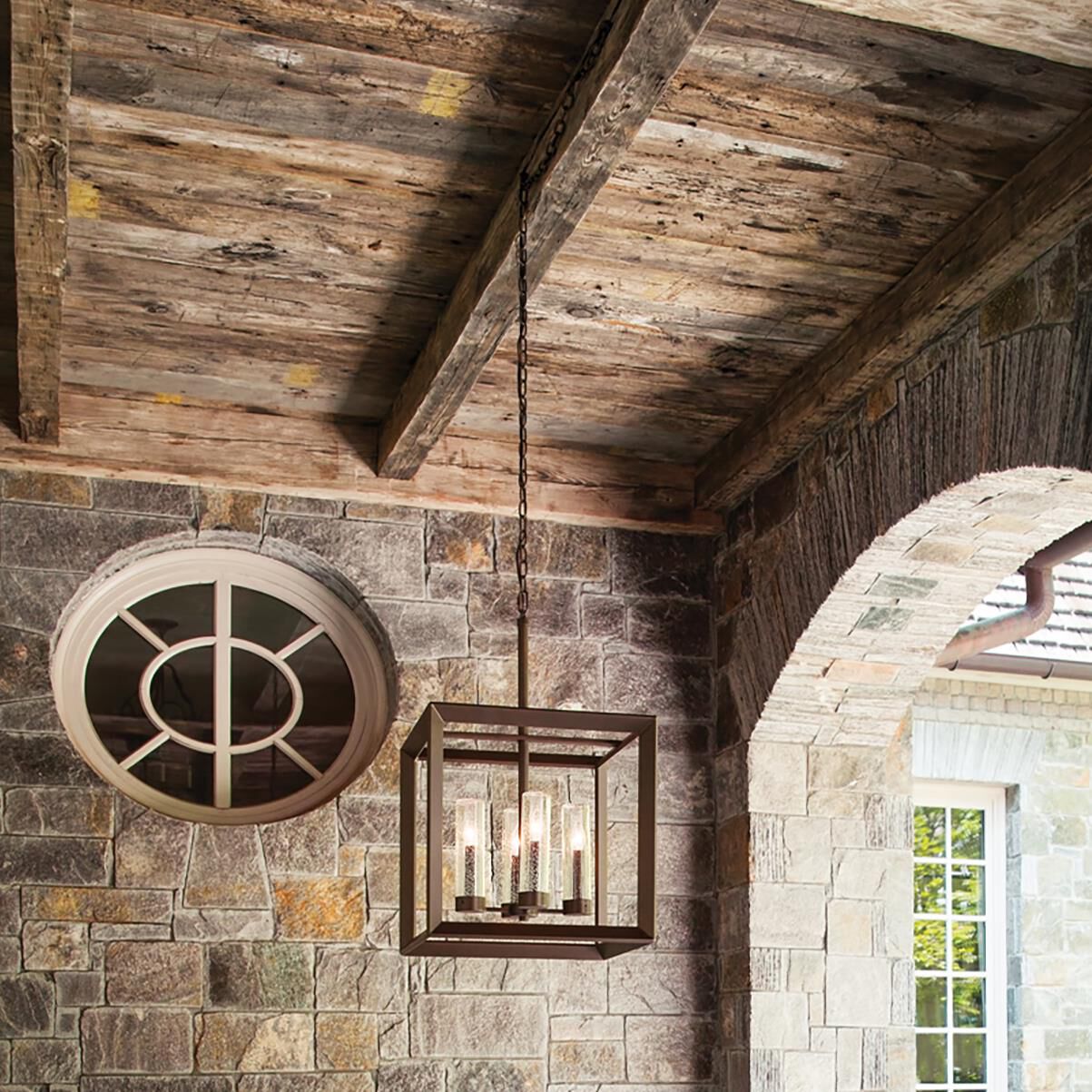 Shown in Warm Bronze finish and Clear Seedy glass