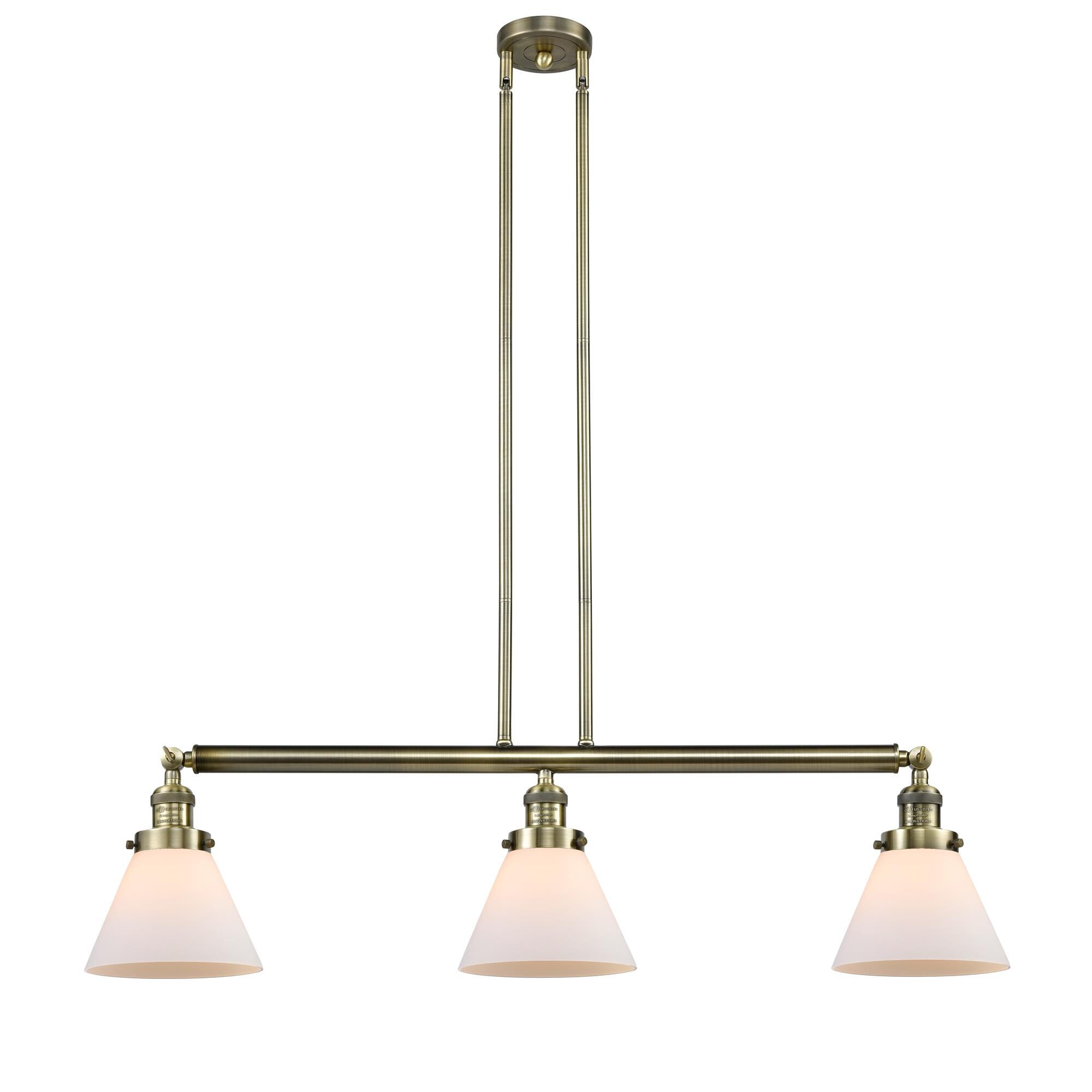 Shown in Antique Brass finish and Matte White Cased glass