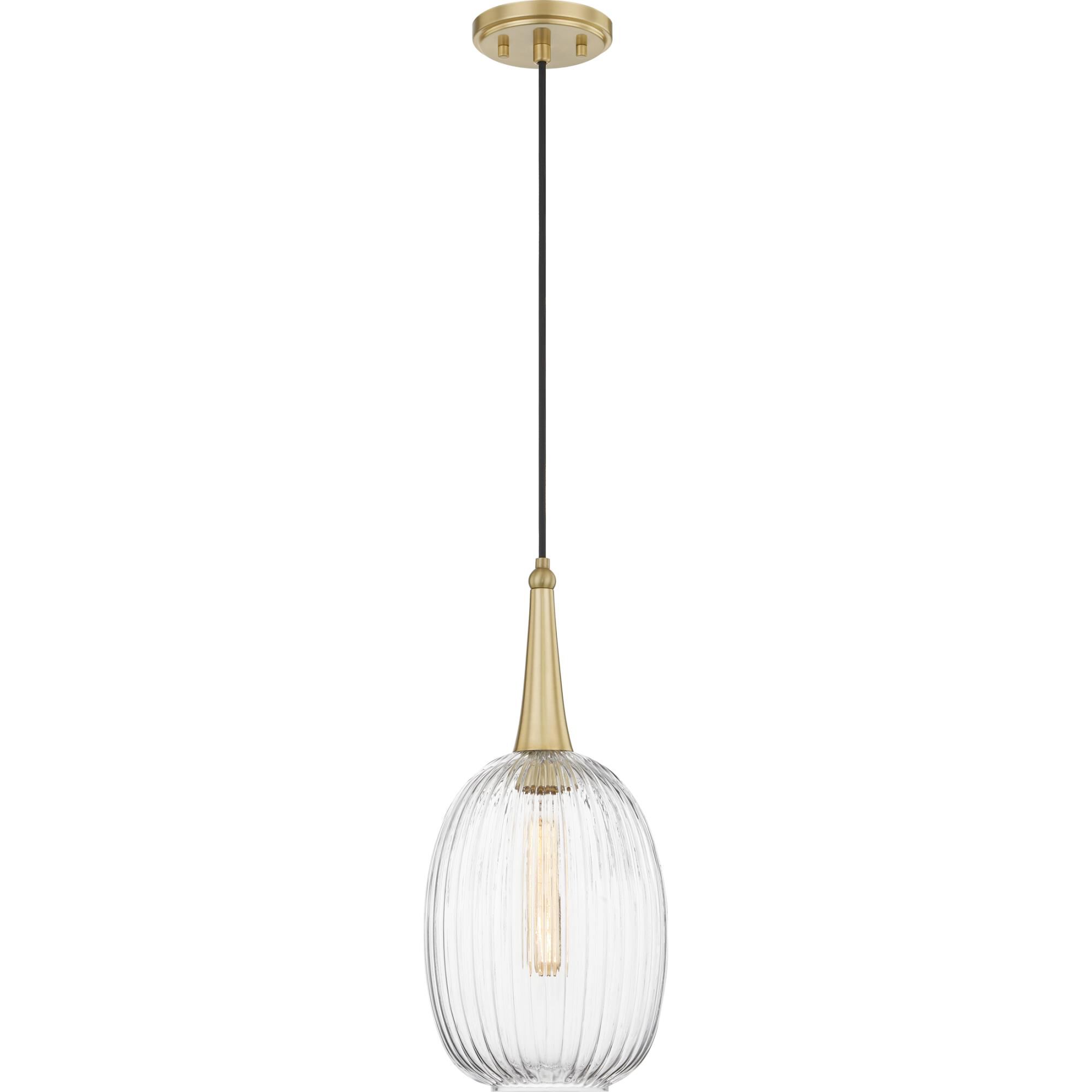 Shown in Satin Brass finish and Clear Ribbed Glass shade