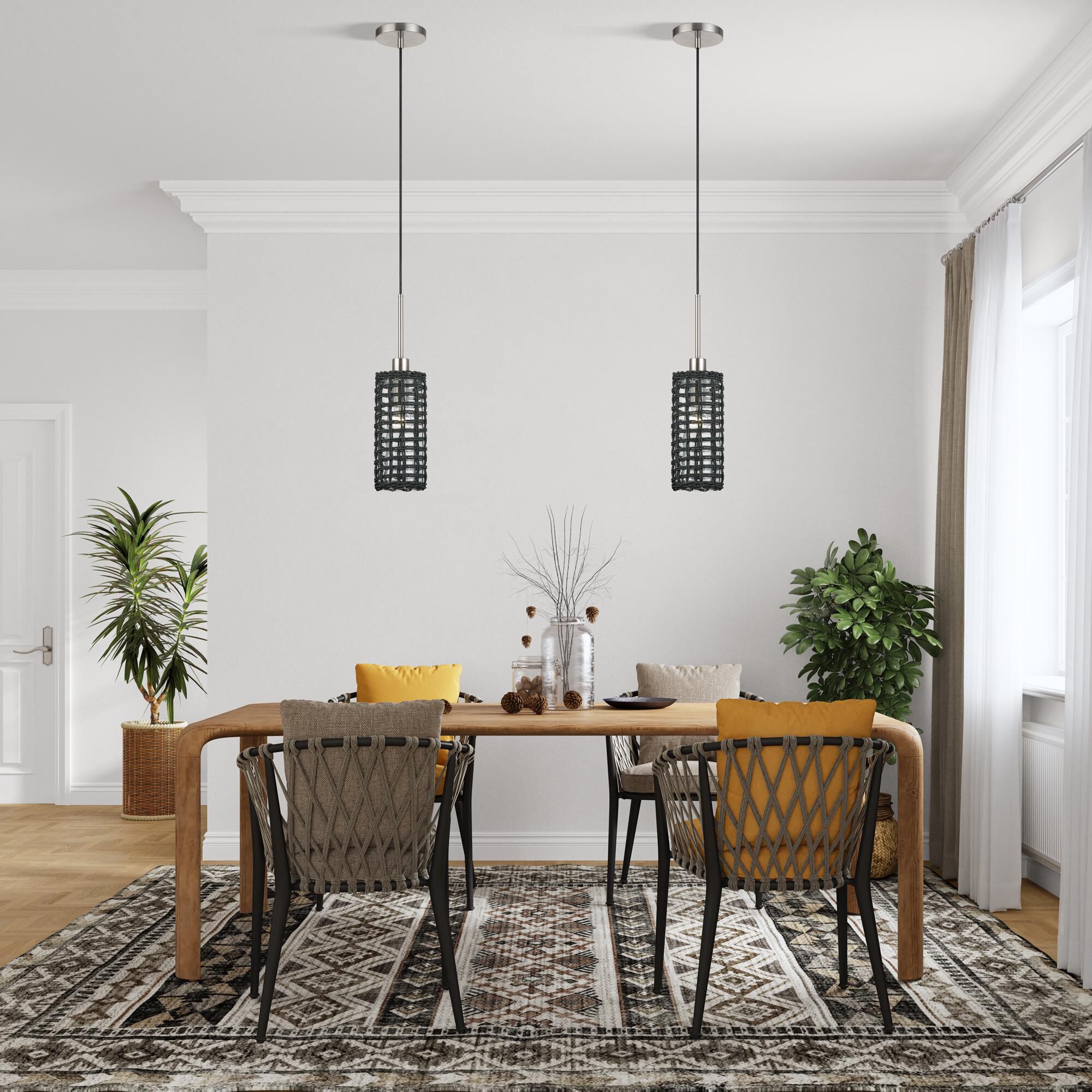 Shown in Brushed Nickel finish and Hand-Woven Midnight Black Color Paper Rope On Top Of Clear shade