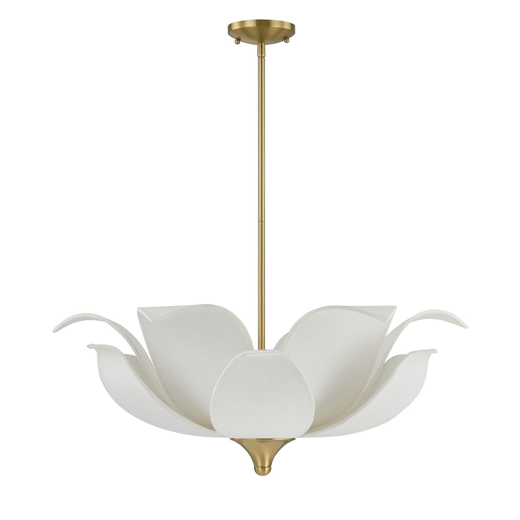 Shown in Warm Brass finish and White Opal Linen shade