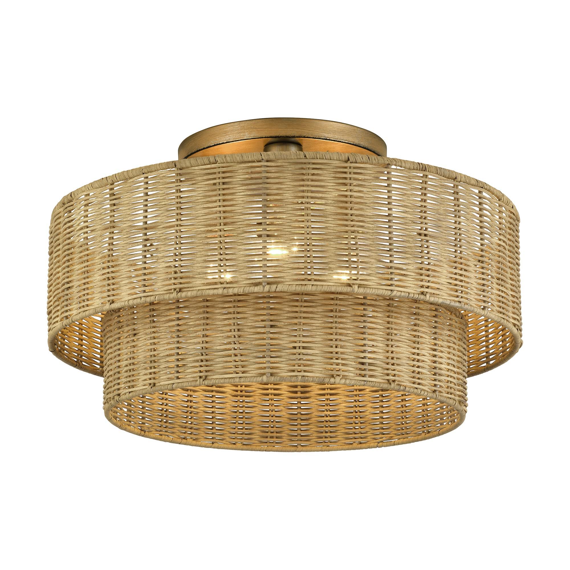Shown in Antique Gold Leaf finish and Hand-Woven Rustic Walnut Color Rattan shade