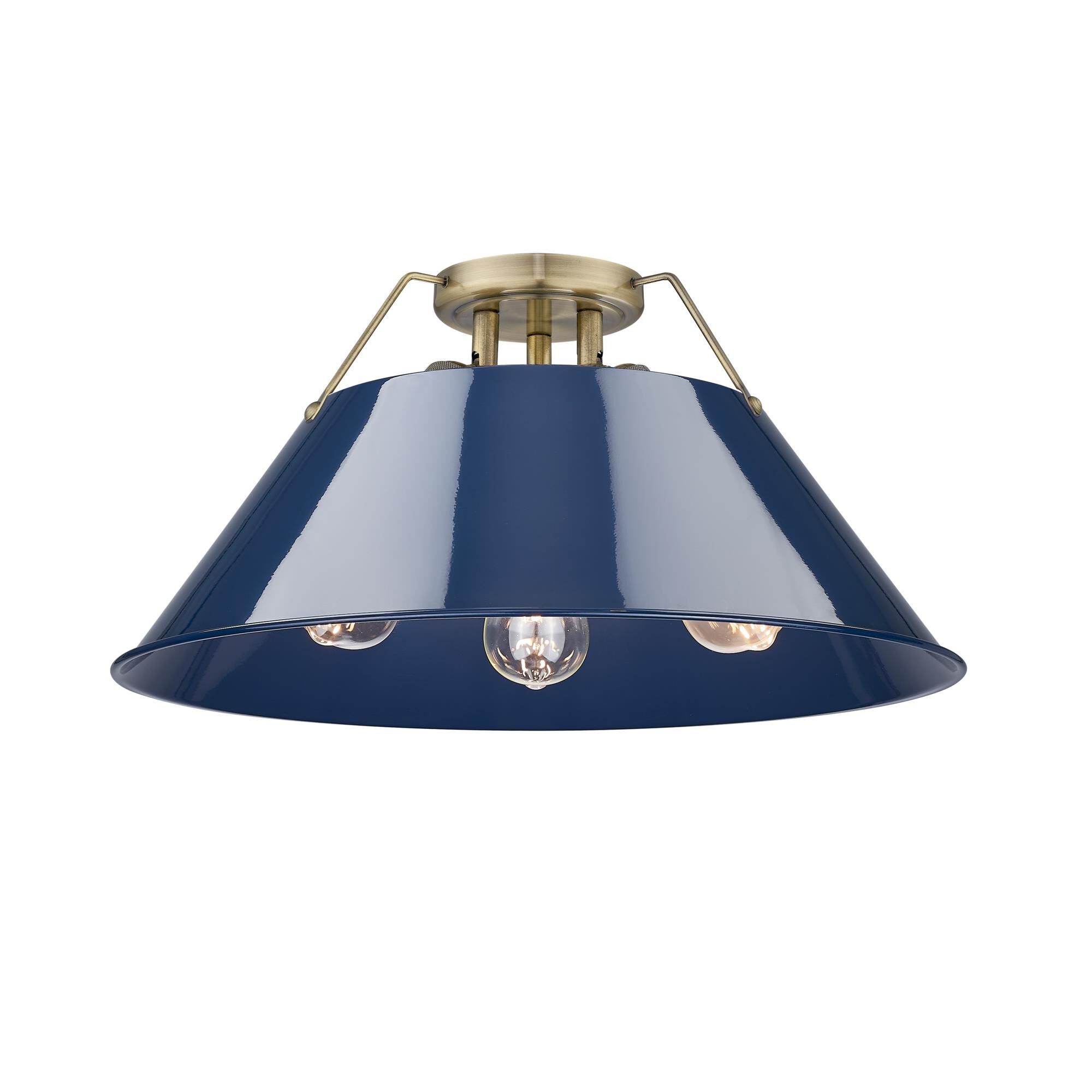 Shown in Aged Brass finish and Without Glass glass and Matte Navy shade