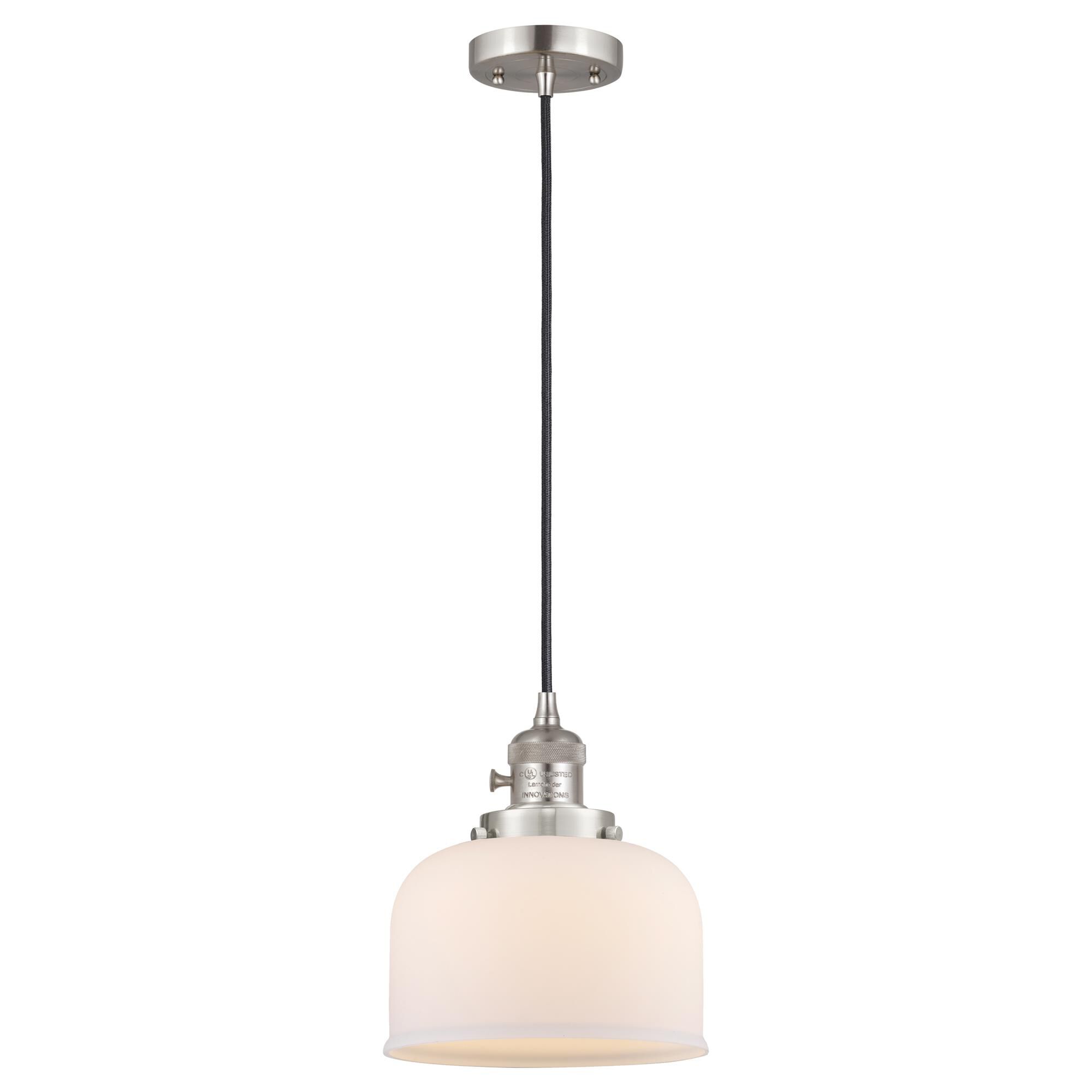 Shown in Brushed Satin Nickel finish and Matte White glass