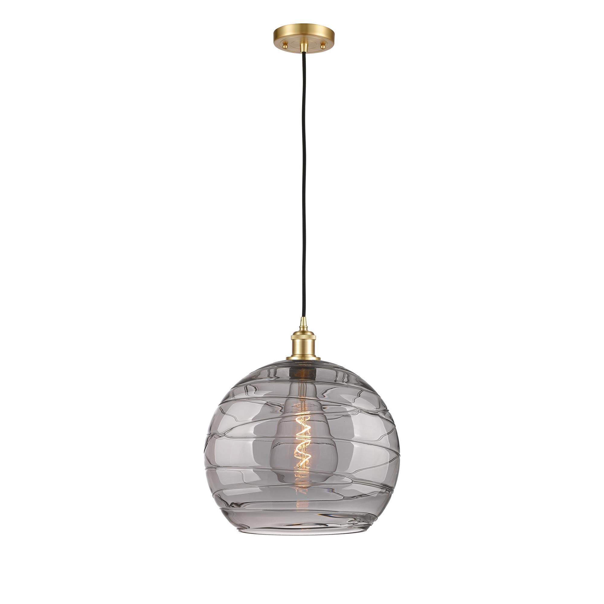 Shown in Satin Gold finish and Light Smoke Deco Swirl glass