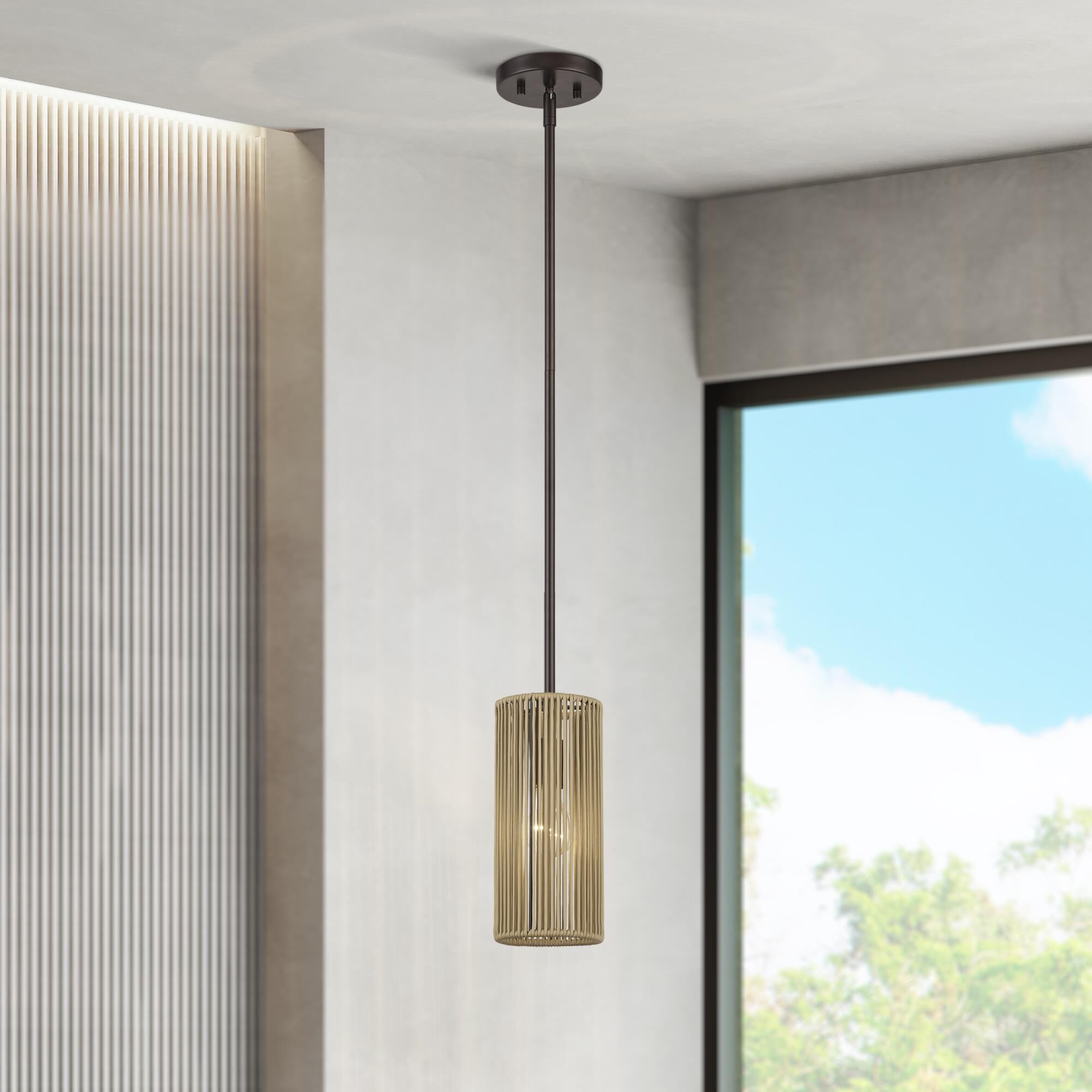 Shown in English Bronze finish and Hand-Woven Venetian Gold Color Polyester Rope shade