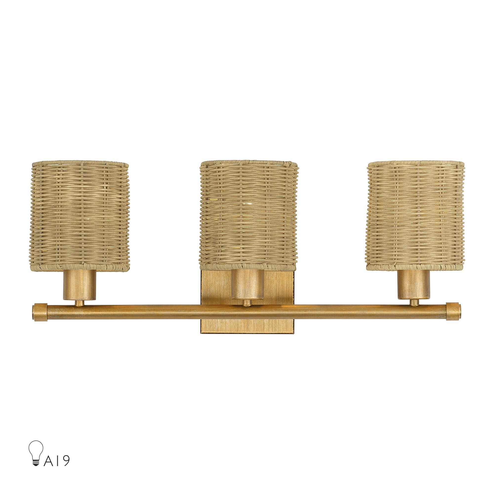 Shown in Antique Gold Leaf finish and Hand-Woven Rustic Walnut Color Rattan shade