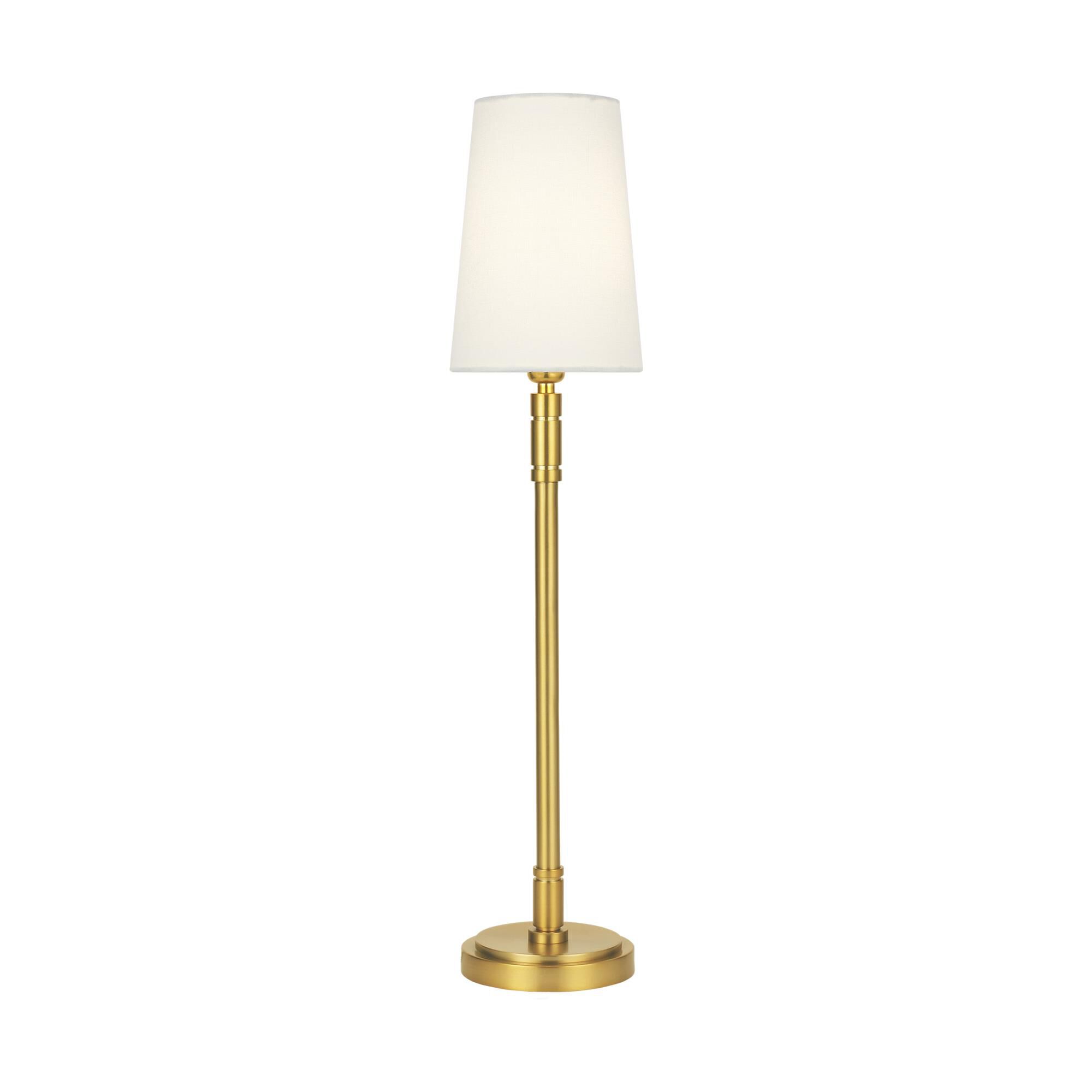 Shown in Burnished Brass finish and White Linenfabric shade
