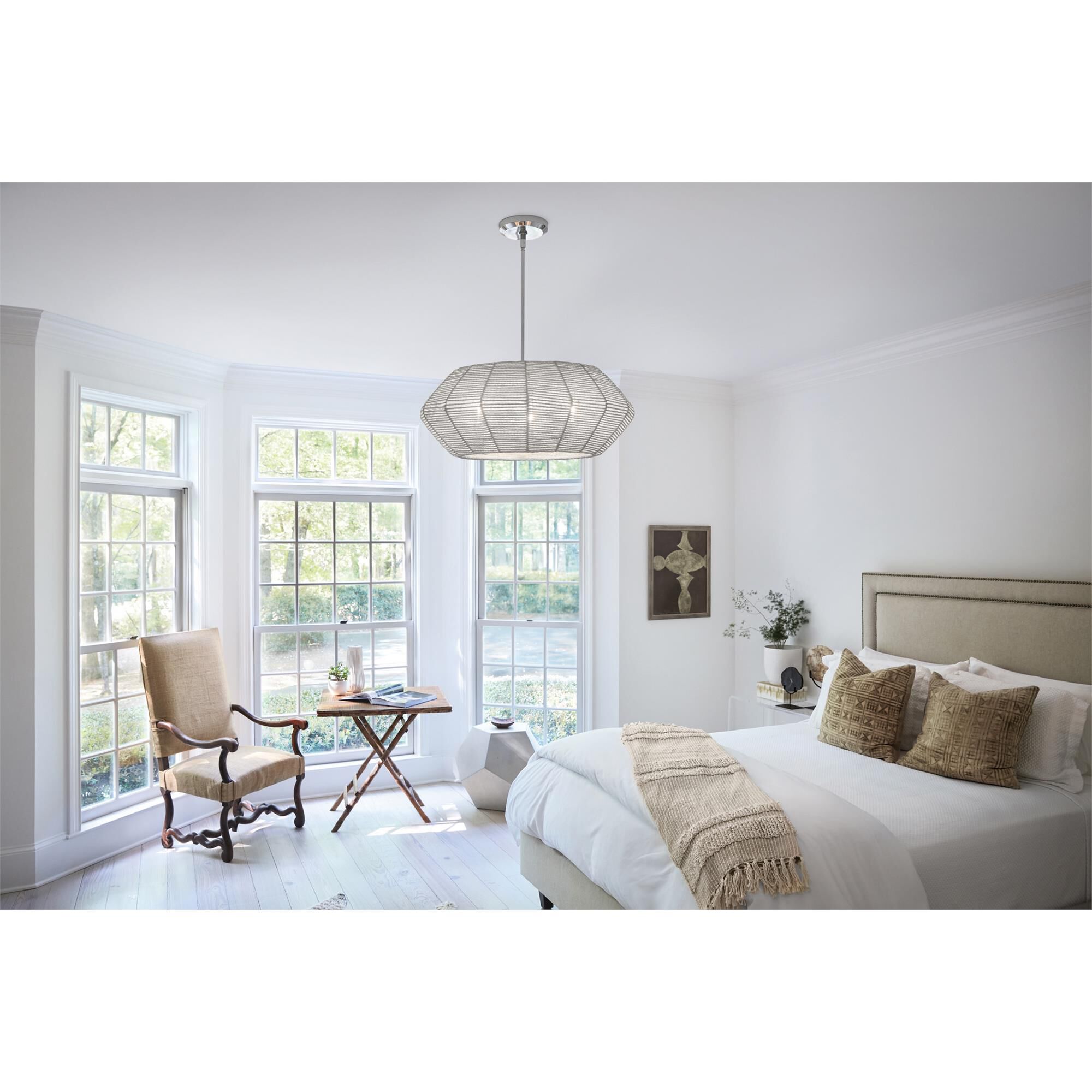 Shown in Polished Chrome finish and Natural Rattan shade
