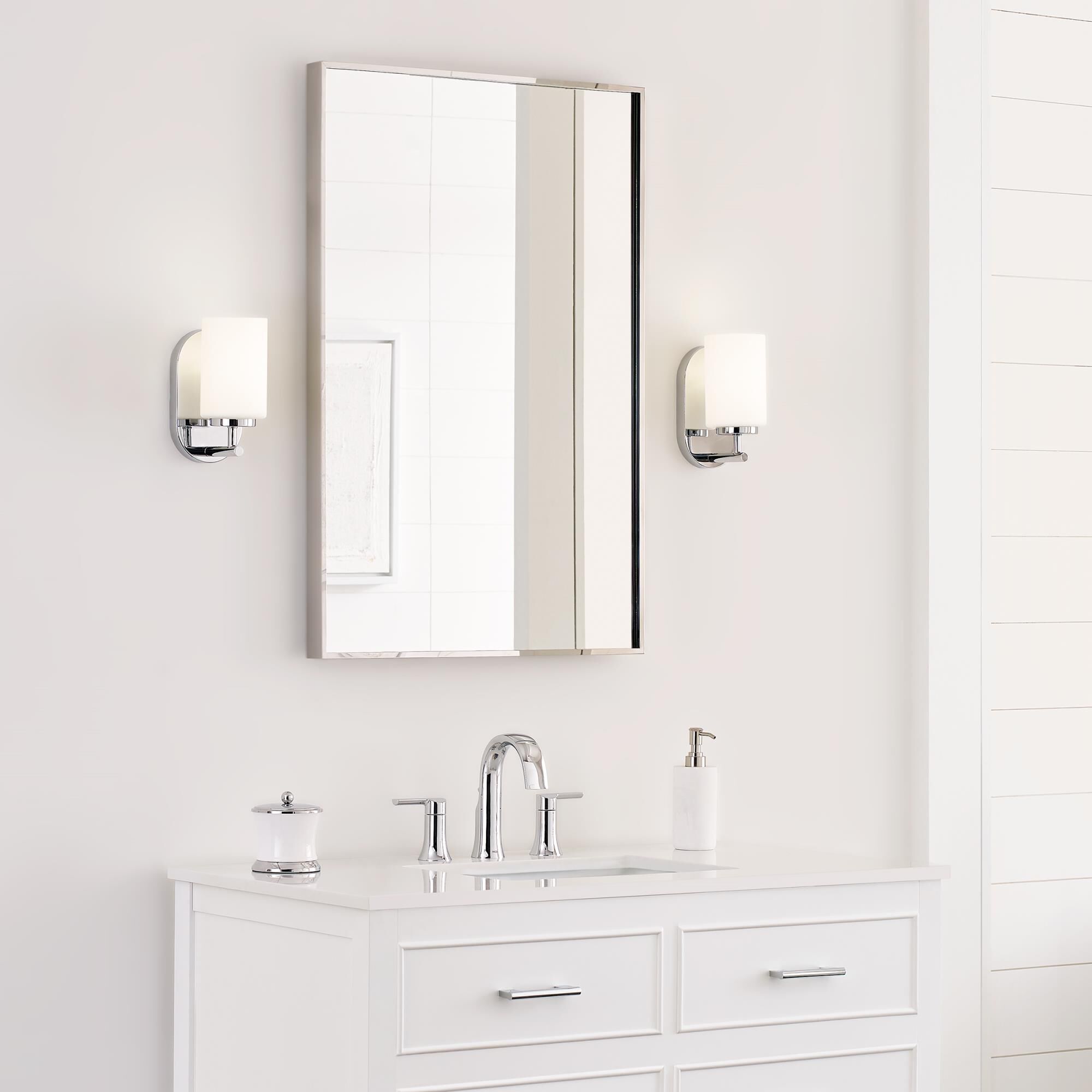 Shown in Chrome finish and Cased Opal Etchedhade glass