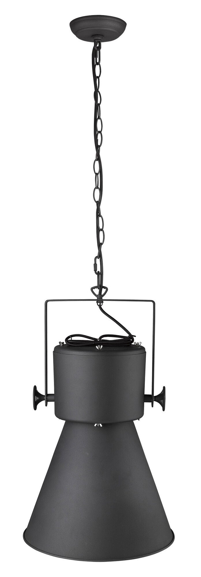 Shown in Matte Black finish and Black glass and Black Metal Cone Shaped  W/ Gold Interior shade