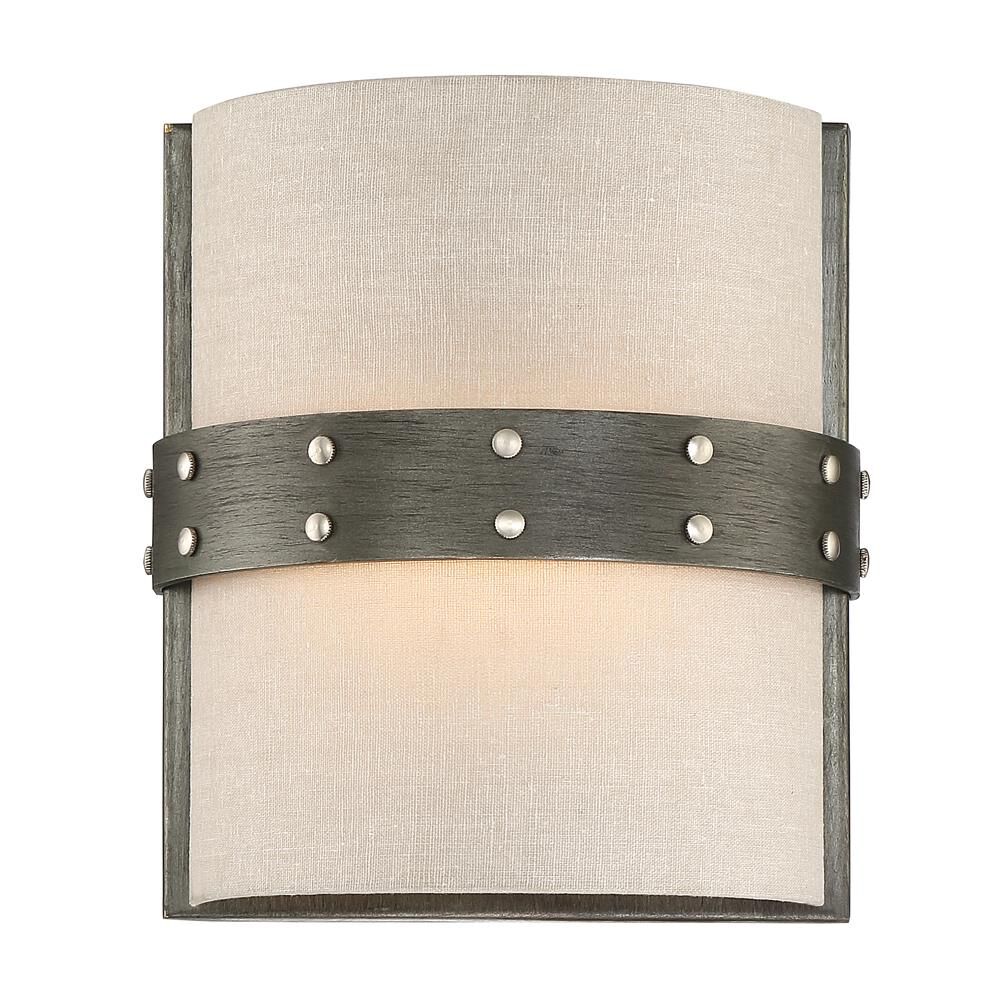Shown in Weathered Iron finish and Beige Fabric glass and Beige Fabric shade