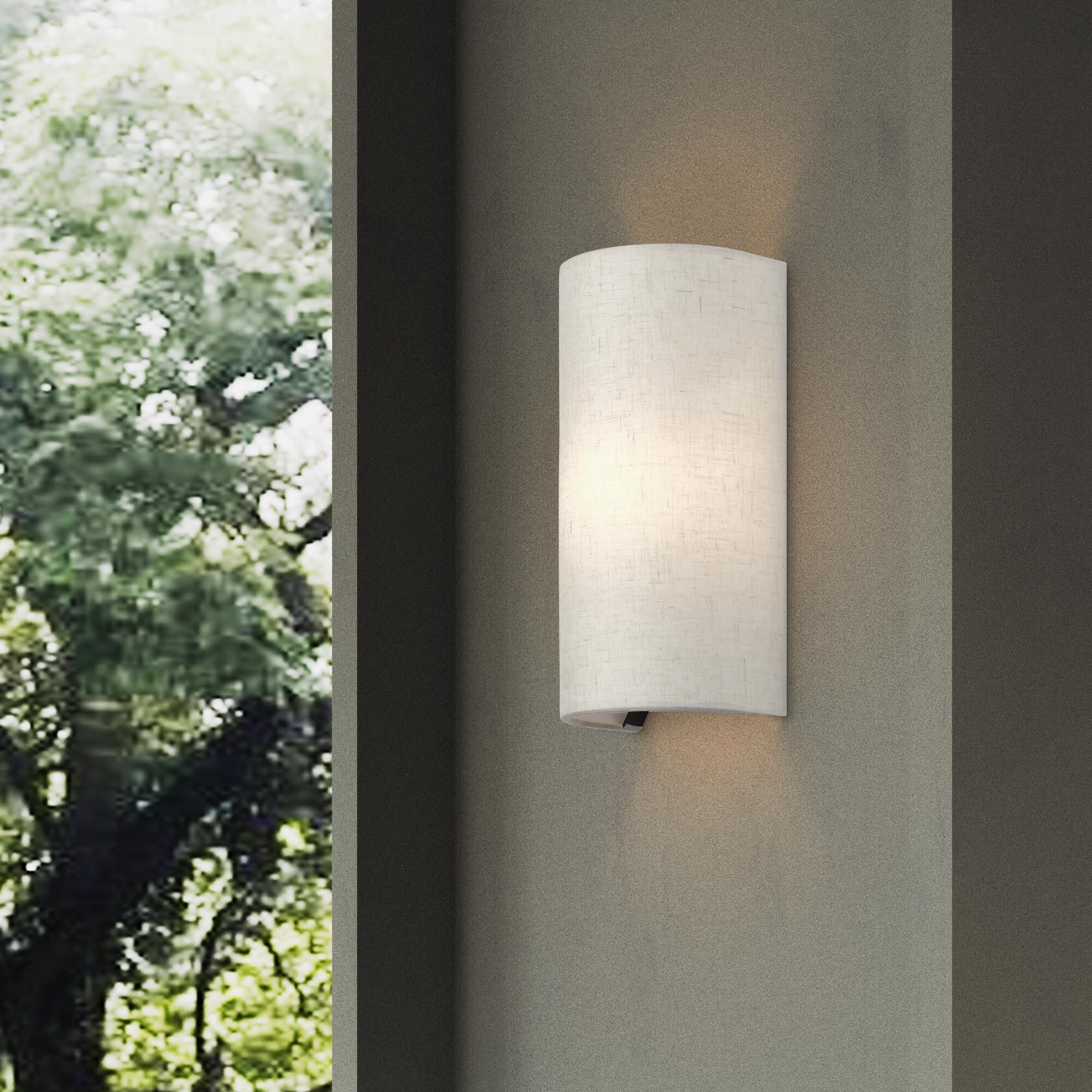 Shown in English Bronze finish and Hand Crafted Oatmeal Color Fabric with White Color Inside shade