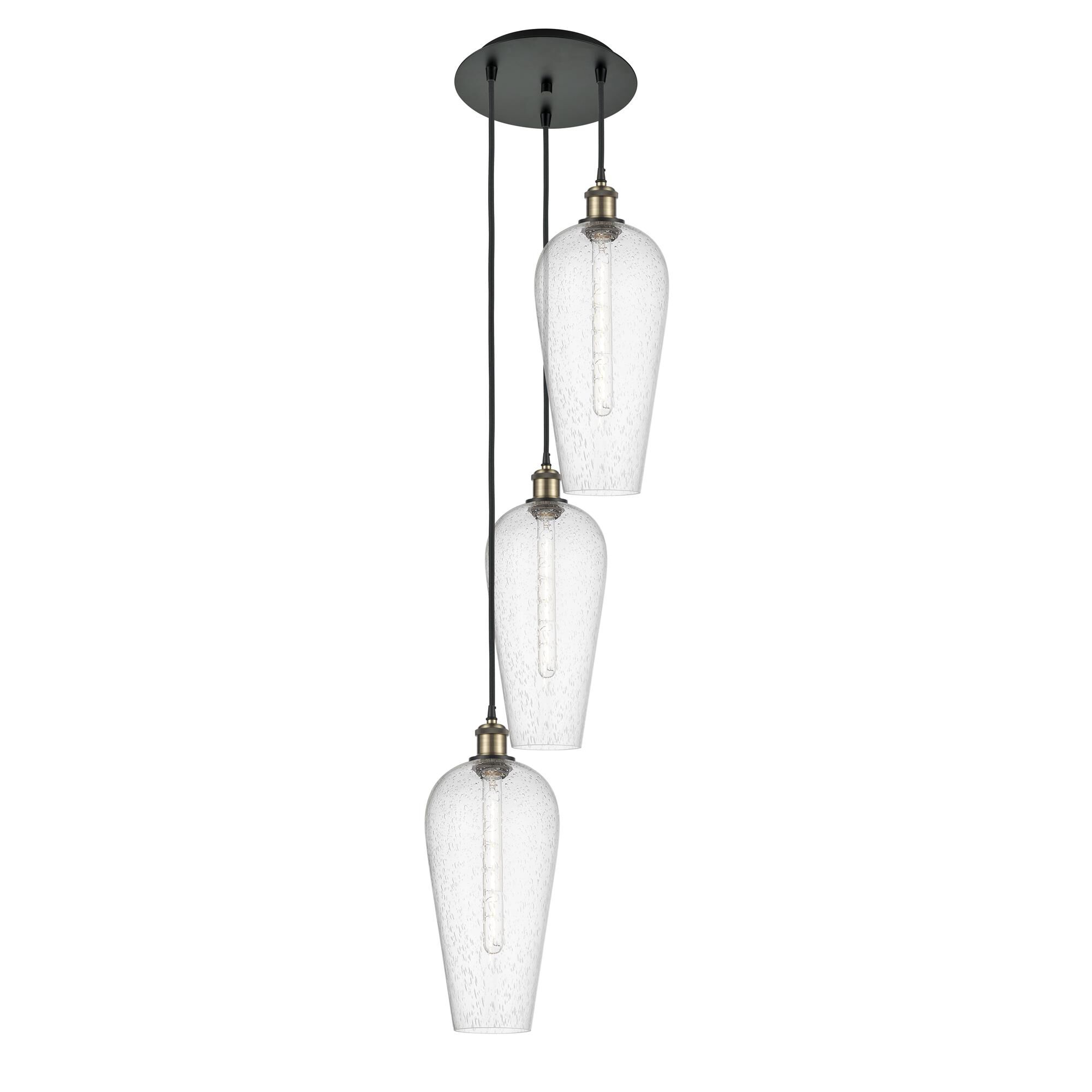 Shown in Black Antique Brass finish and Seedy glass