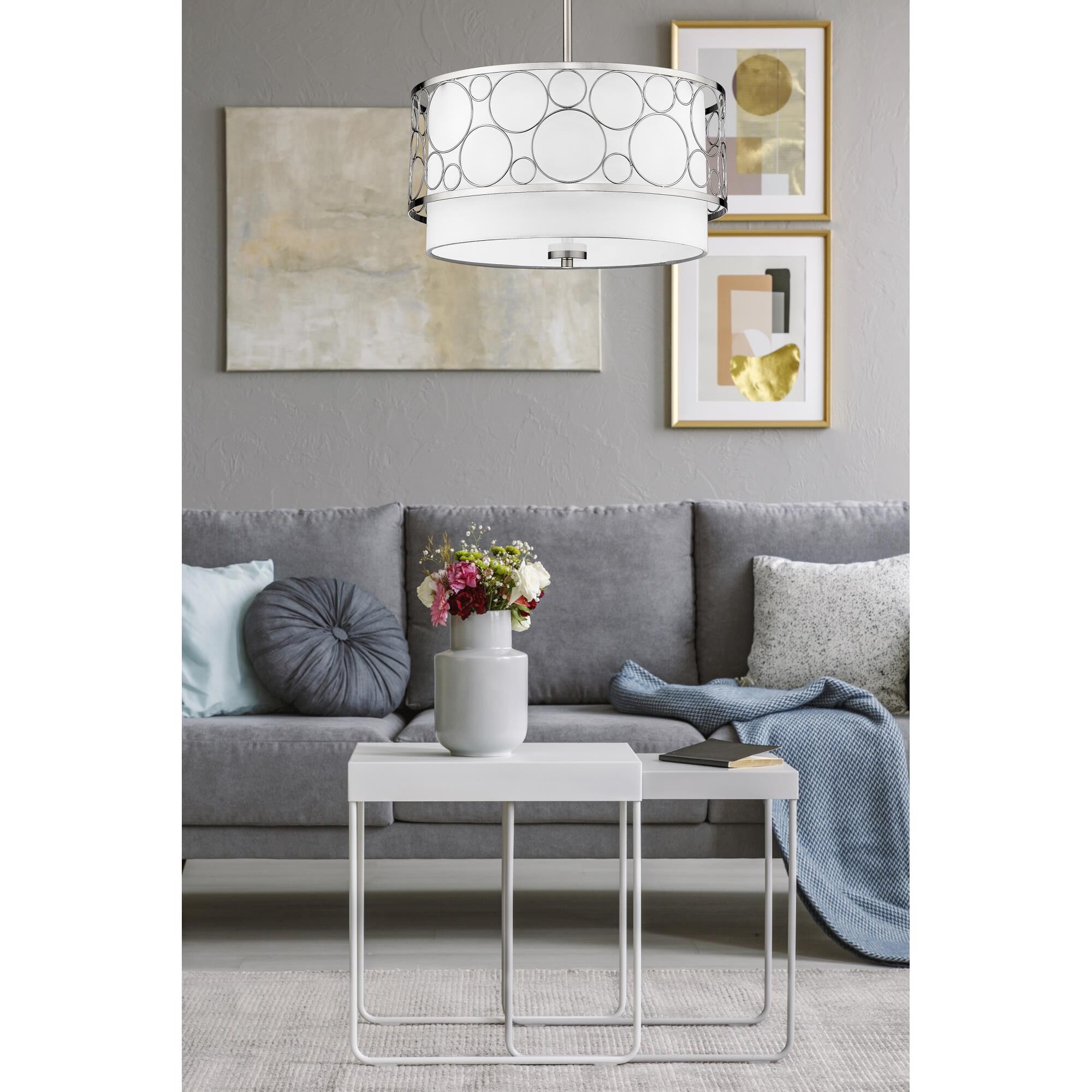 Shown in Brushed Nickel finish and White glass and White shade