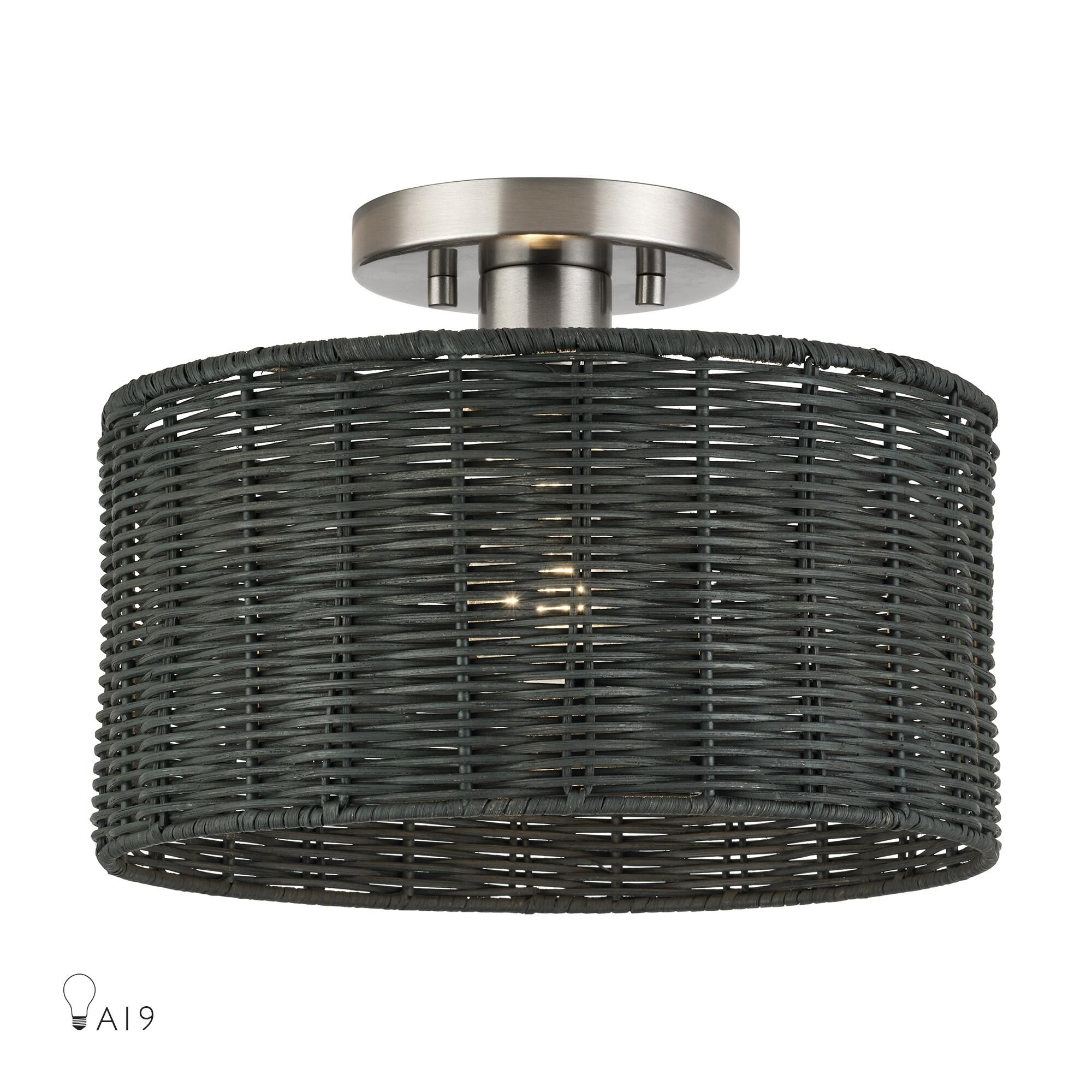 Shown in Brushed Nickel finish and Hand-Woven Charred Gray Color Rattan shade