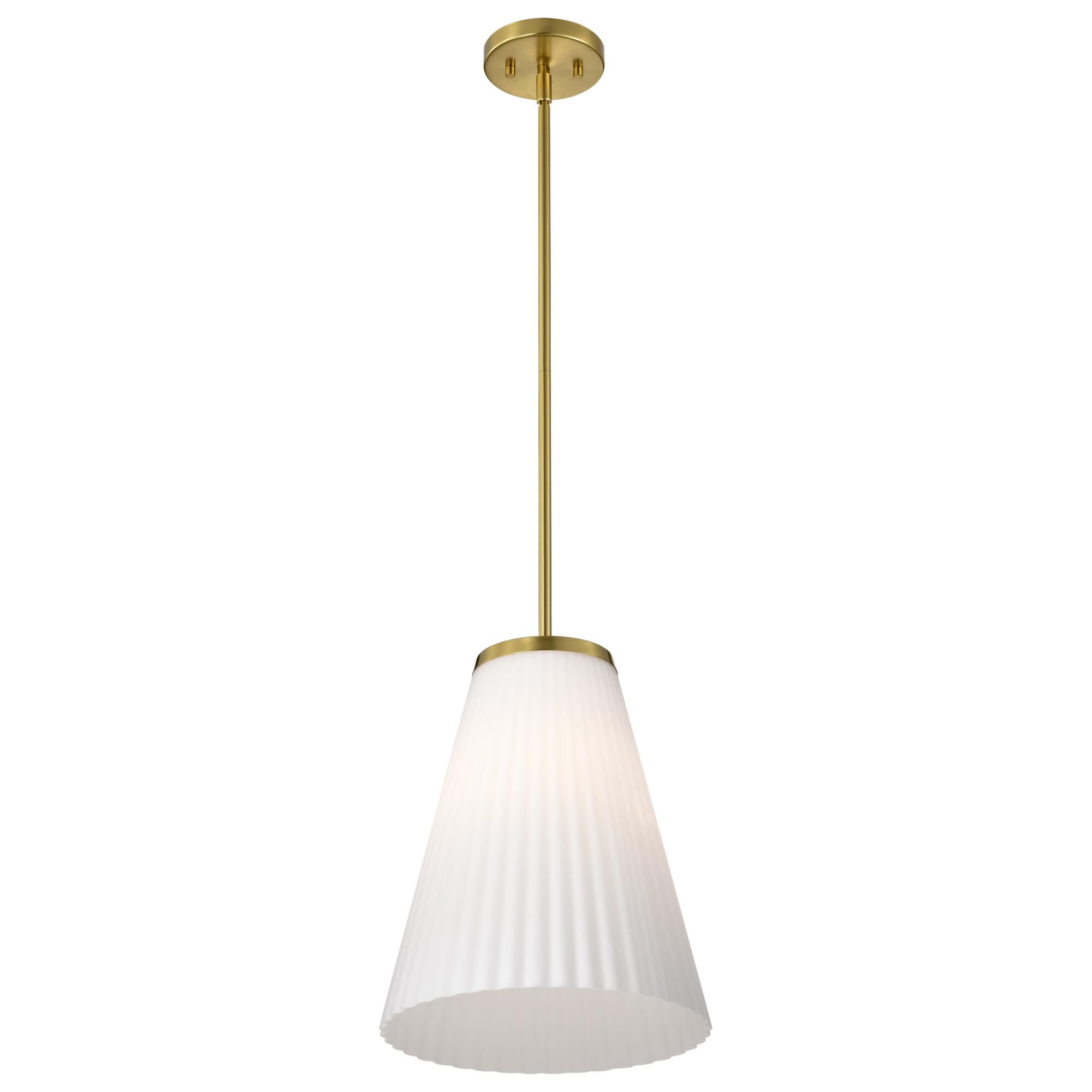 Shown in Burnished Brass finish and Ribbed White glass