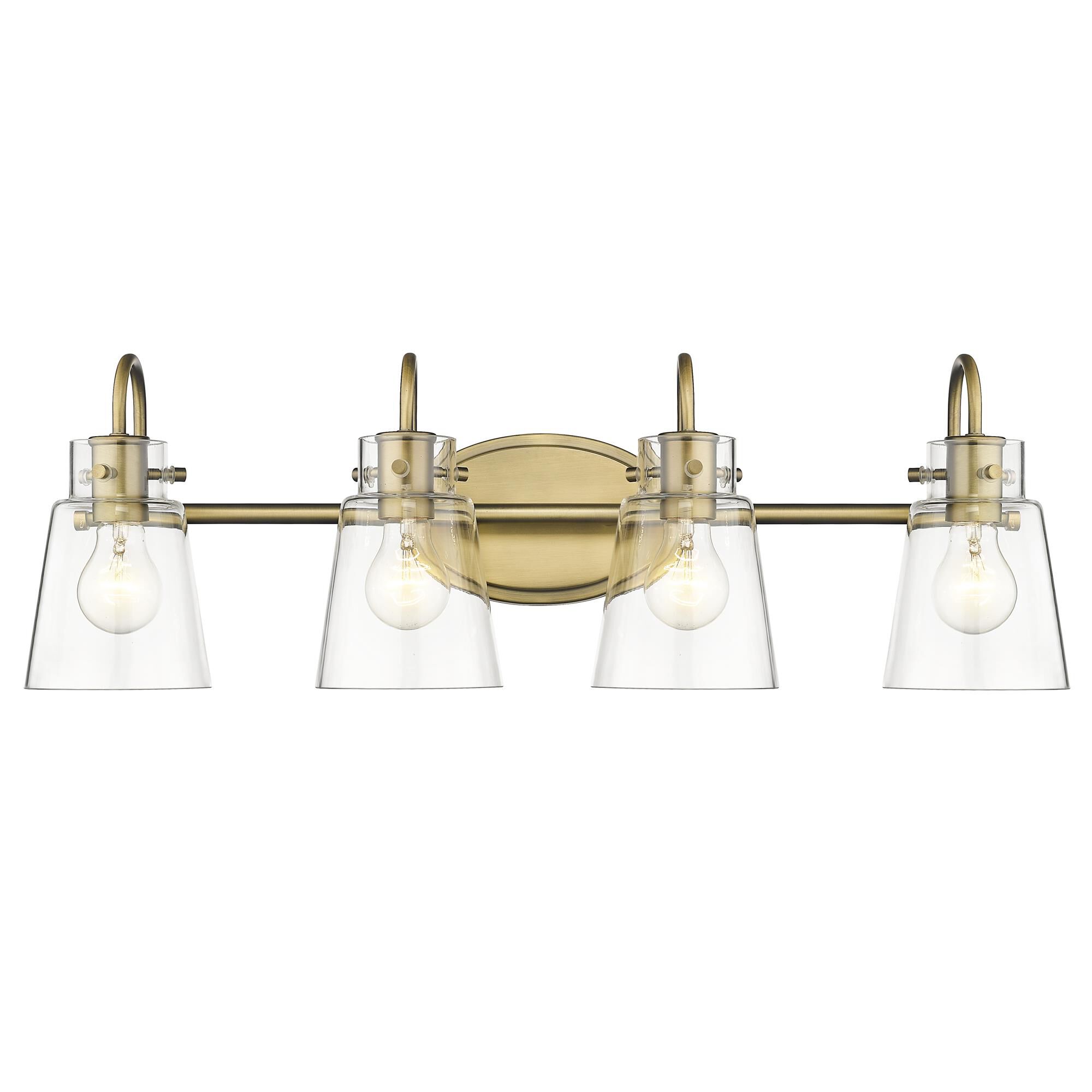 Shown in Antique Brass finish and Clear Glass shade